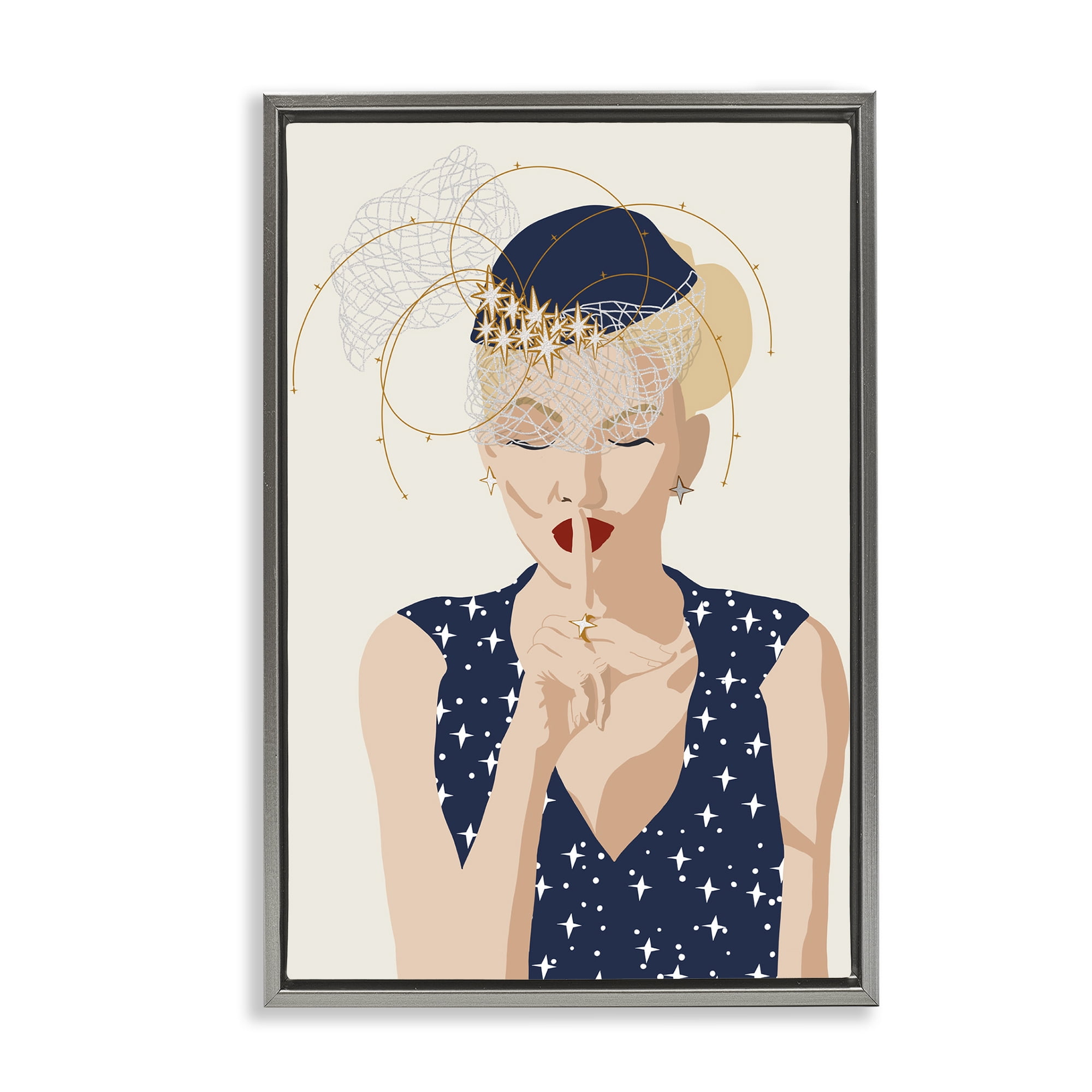 Stupell Industries Chic Fashionista Portrait Novelty Painting Gray Floater Framed Art Print Wall Art, 17 x 25