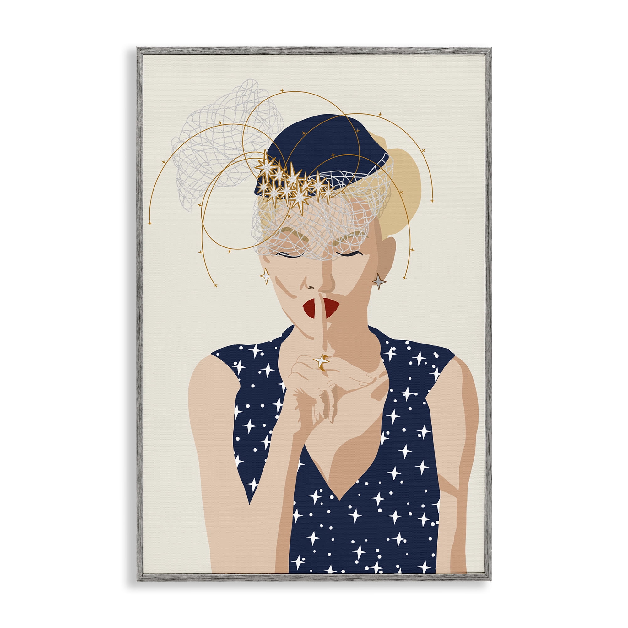Stupell Industries Chic Fashionista Portrait Novelty Painting Gray Framed Art Print Wall Art, 12 x 18