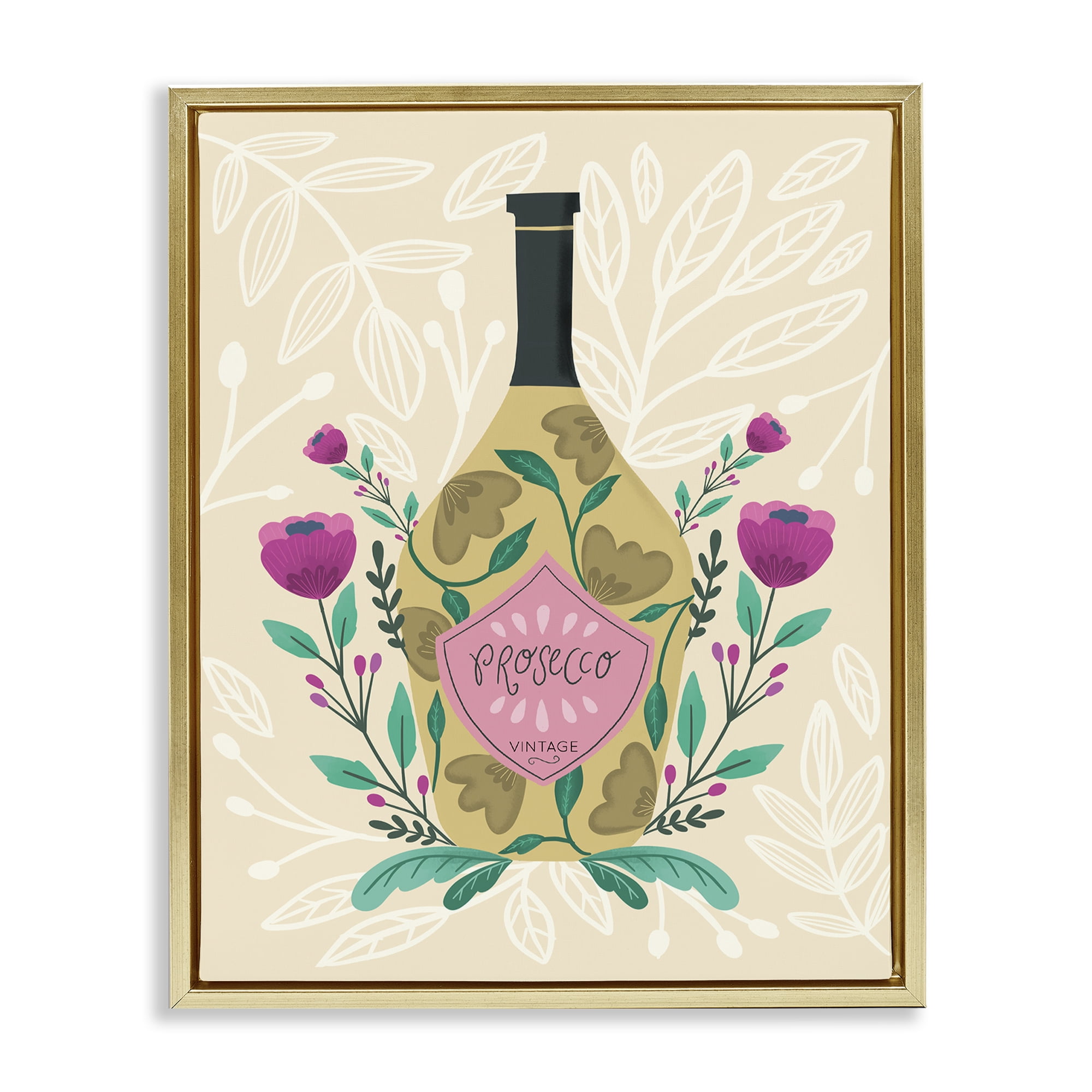 Stupell Industries Chic Floral Alcohol Bottle Food & Beverage Painting Gold Floater Framed Canvas Art Print Wall Art, 25 x 31