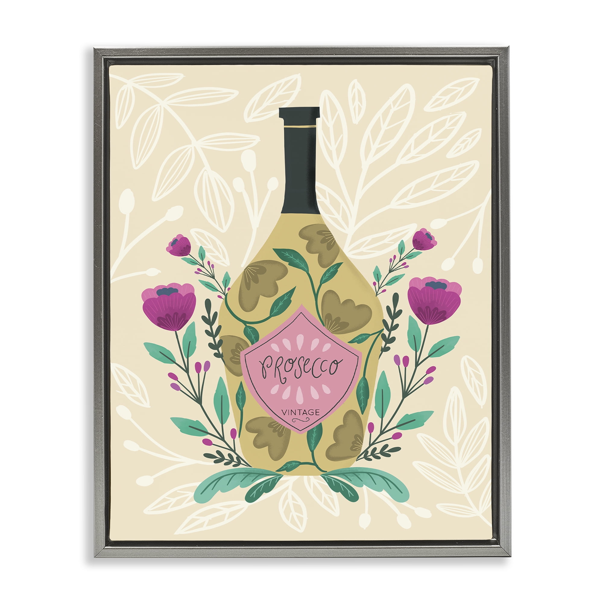 Stupell Industries Chic Floral Alcohol Bottle Food & Beverage Painting Gray Floater Framed Canvas Art Print Wall Art, 17 x 21
