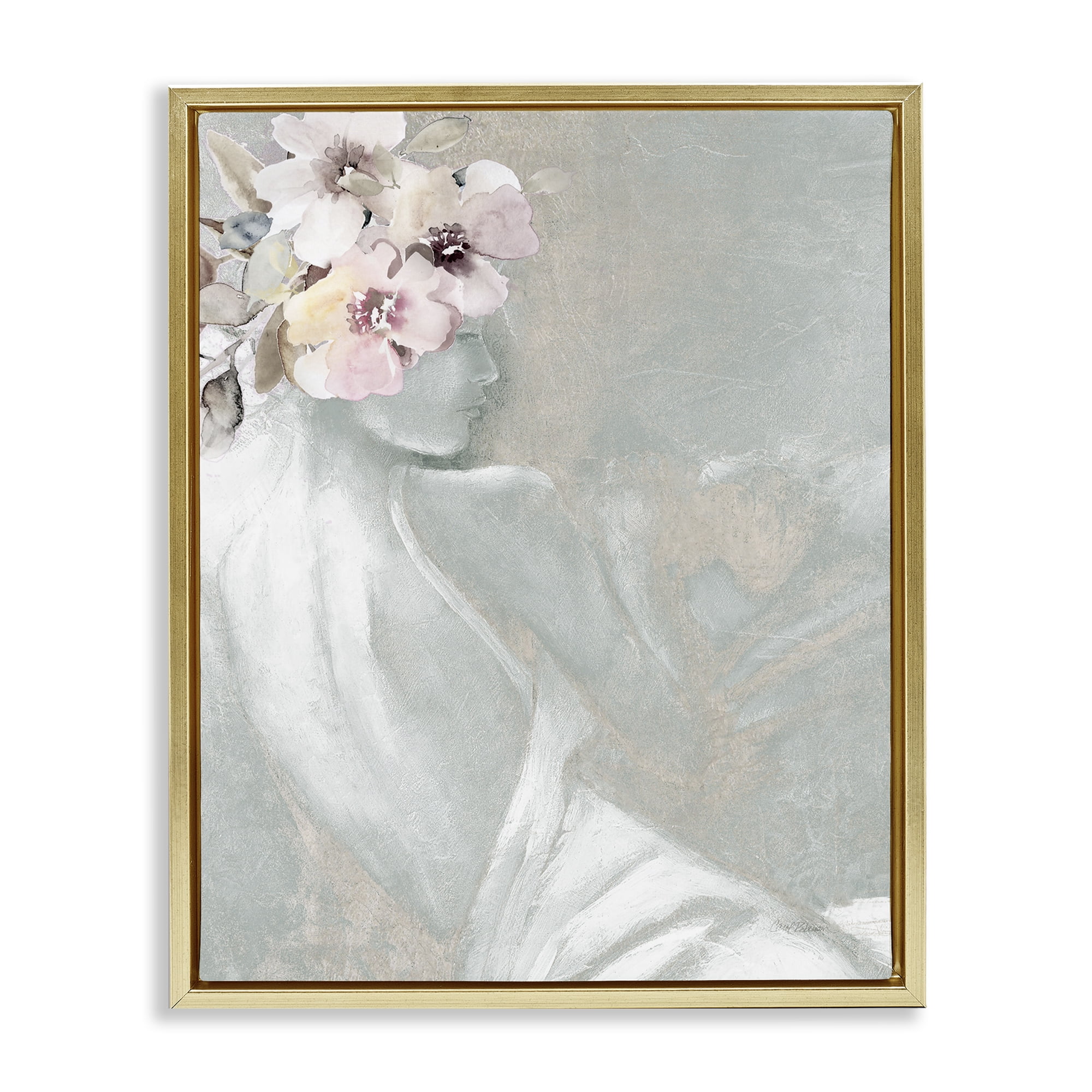 Stupell Industries Chic Floral Woman Novelty Painting Gold Floater Framed Art Print Wall Art, 25 x 31