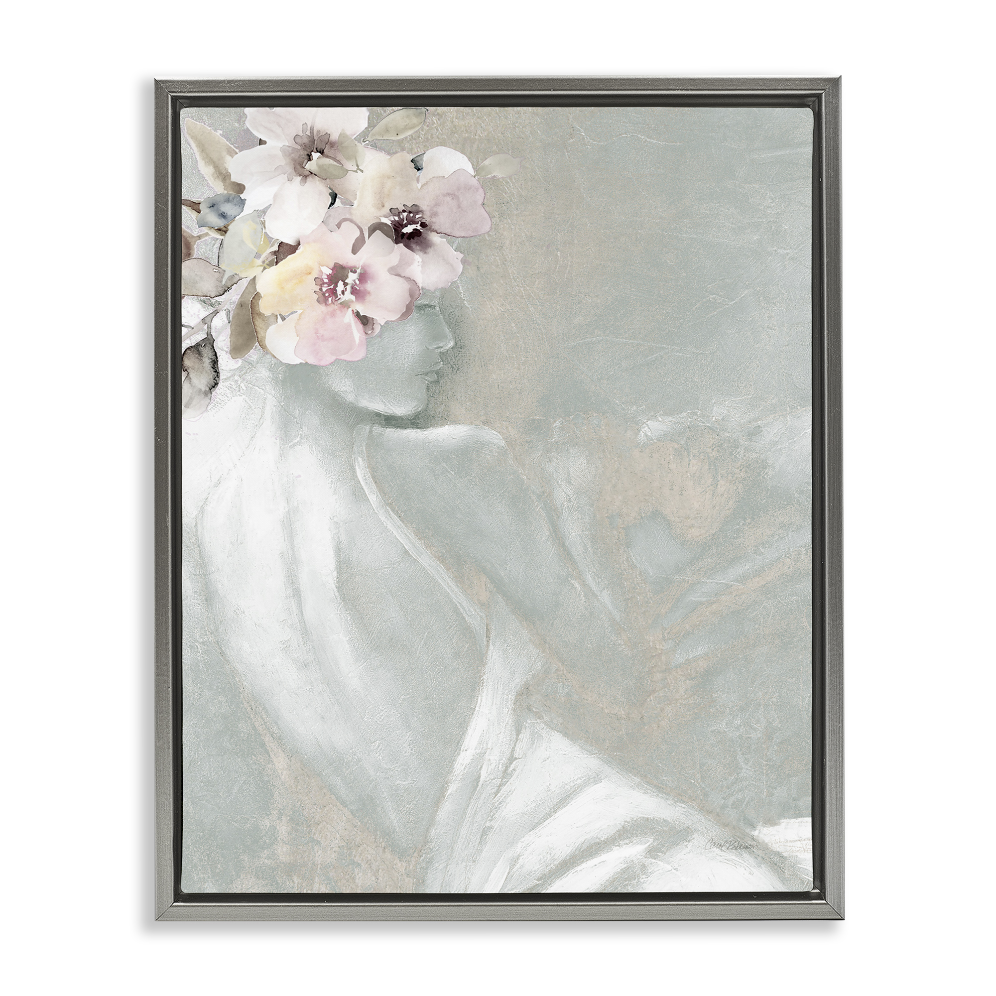 Stupell Industries Chic Floral Woman Novelty Painting Gray Floater Framed Art Print Wall Art, 17 x 21