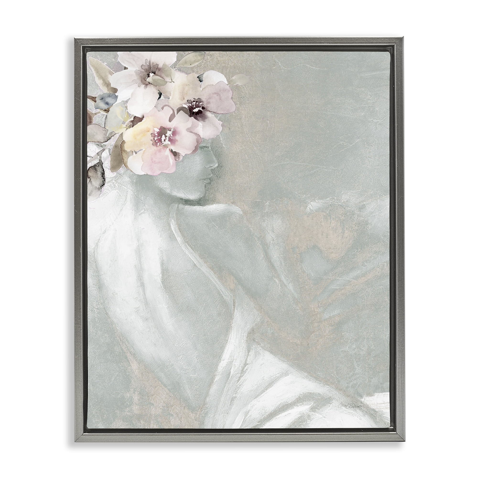 Stupell Industries Chic Floral Woman Novelty Painting Gray Floater Framed Art Print Wall Art, 25 x 31