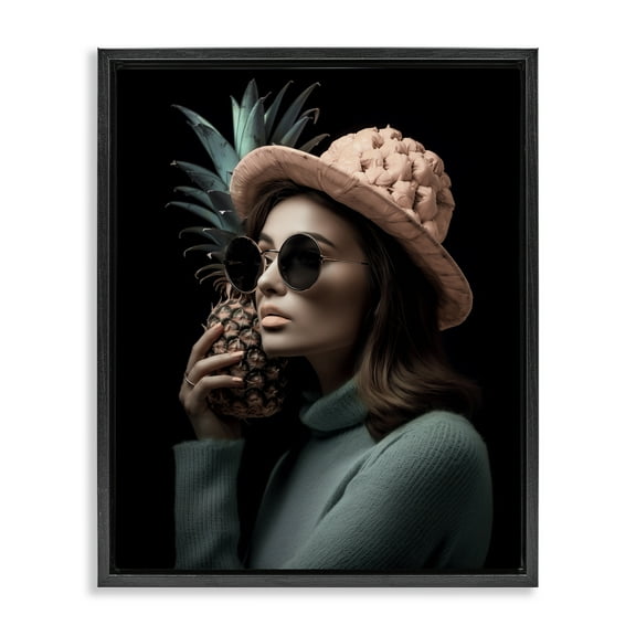 Stupell Industries Chic Girl with Pineapple Novelty Painting Black Floater Framed Art Print Wall Art, 17 x 21