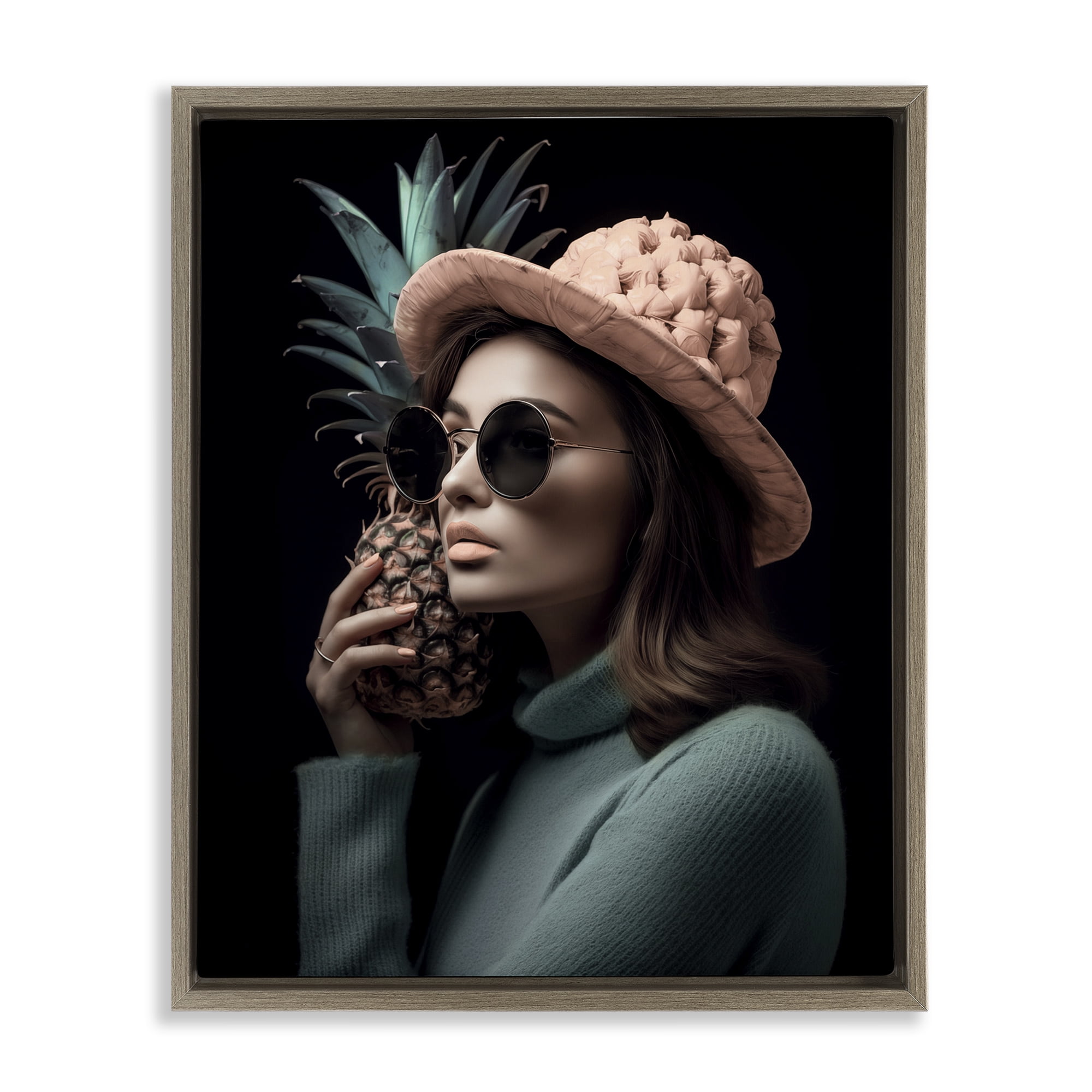Stupell Industries Chic Girl with Pineapple Novelty Painting Brown Floater Framed Art Print Wall Art, 17 x 21