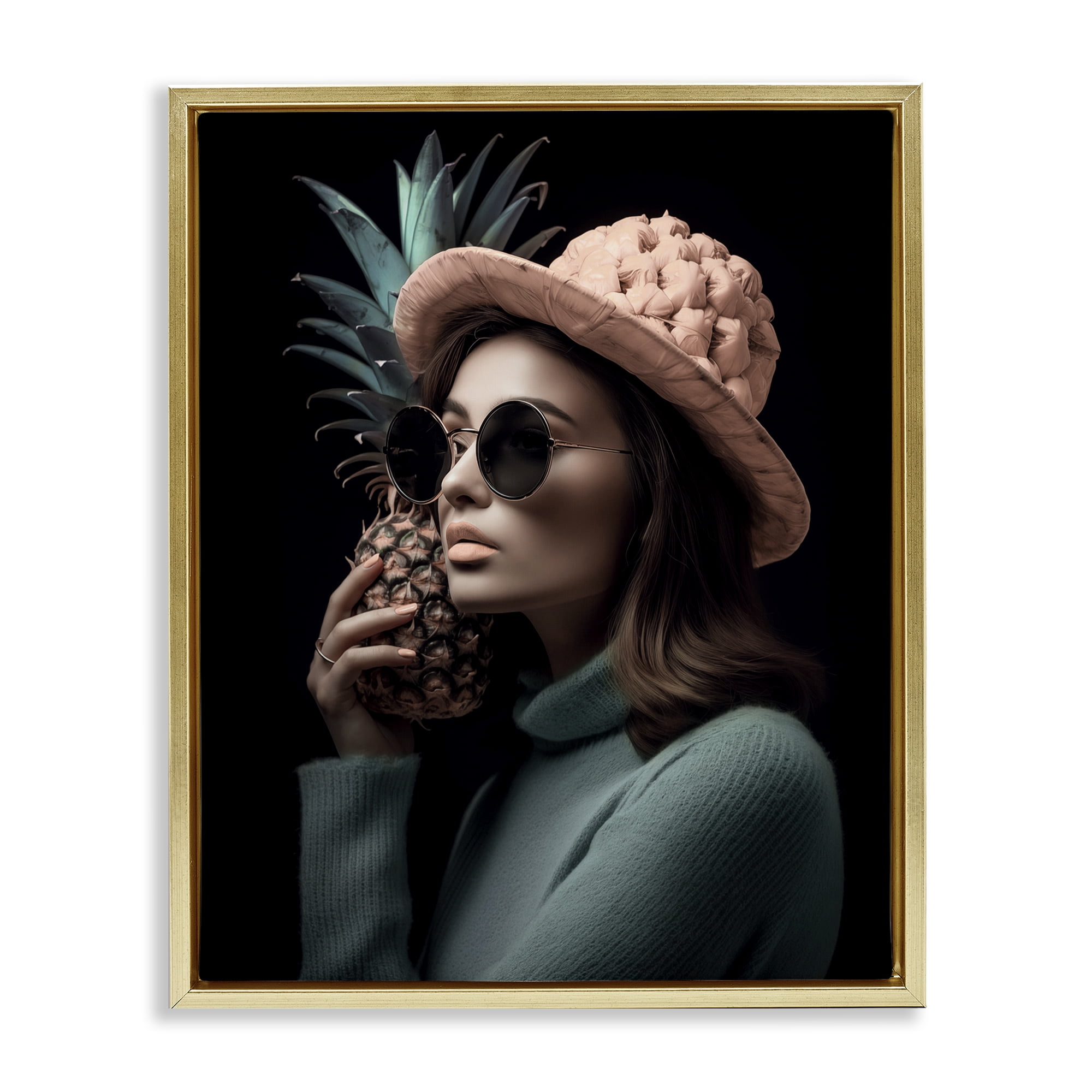 Stupell Industries Chic Girl with Pineapple Novelty Painting Gold Floater Framed Art Print Wall Art, 25 x 31