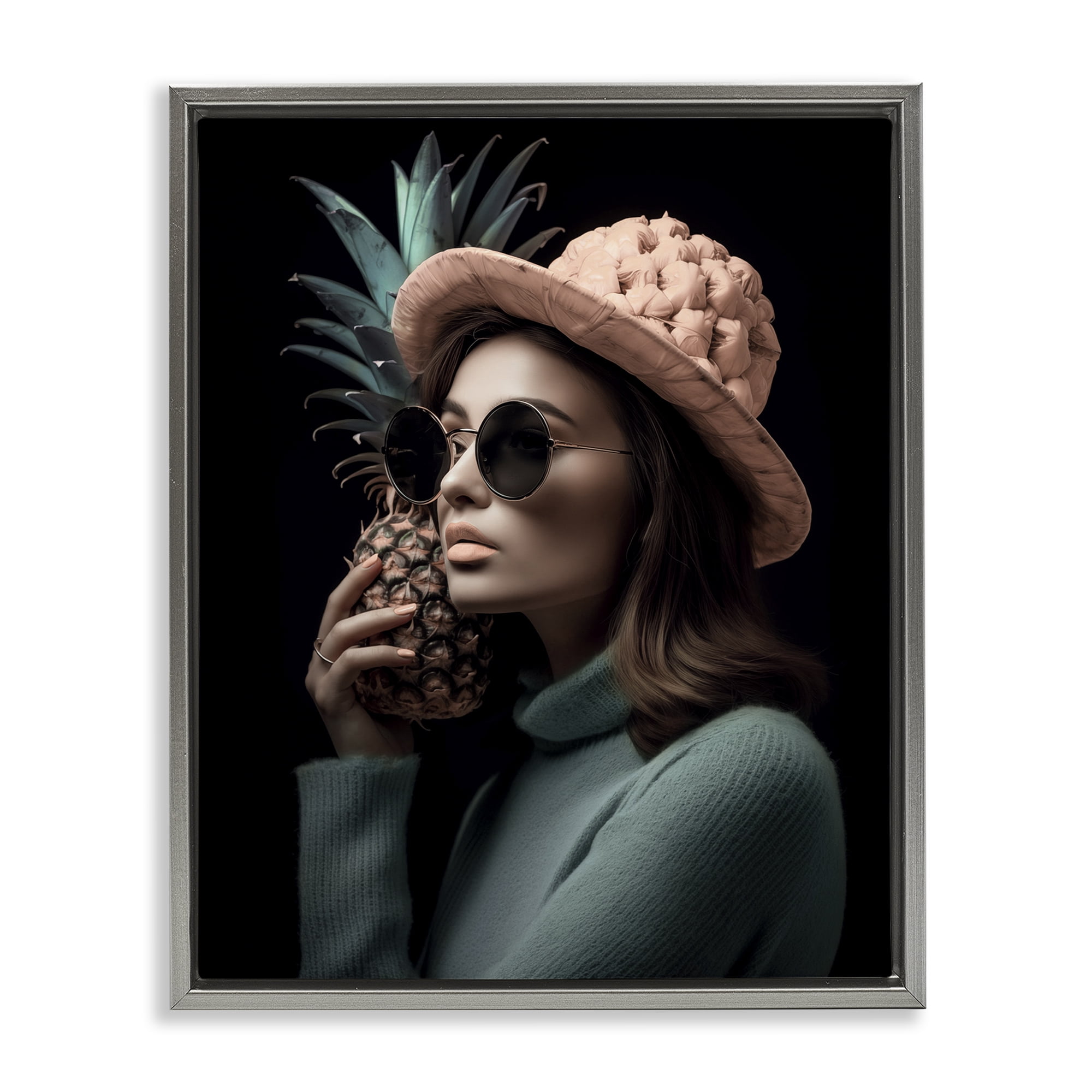 Stupell Industries Chic Girl with Pineapple Novelty Painting Gray Floater Framed Art Print Wall Art, 17 x 21