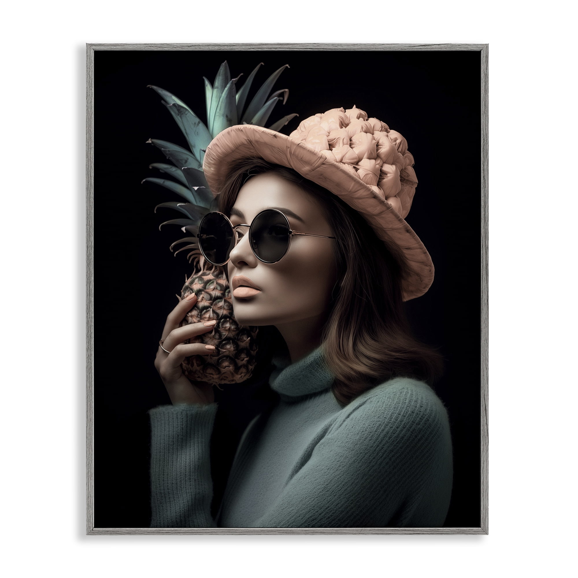 Stupell Industries Chic Girl with Pineapple Novelty Painting Gray Framed Art Print Wall Art, 16 x 20