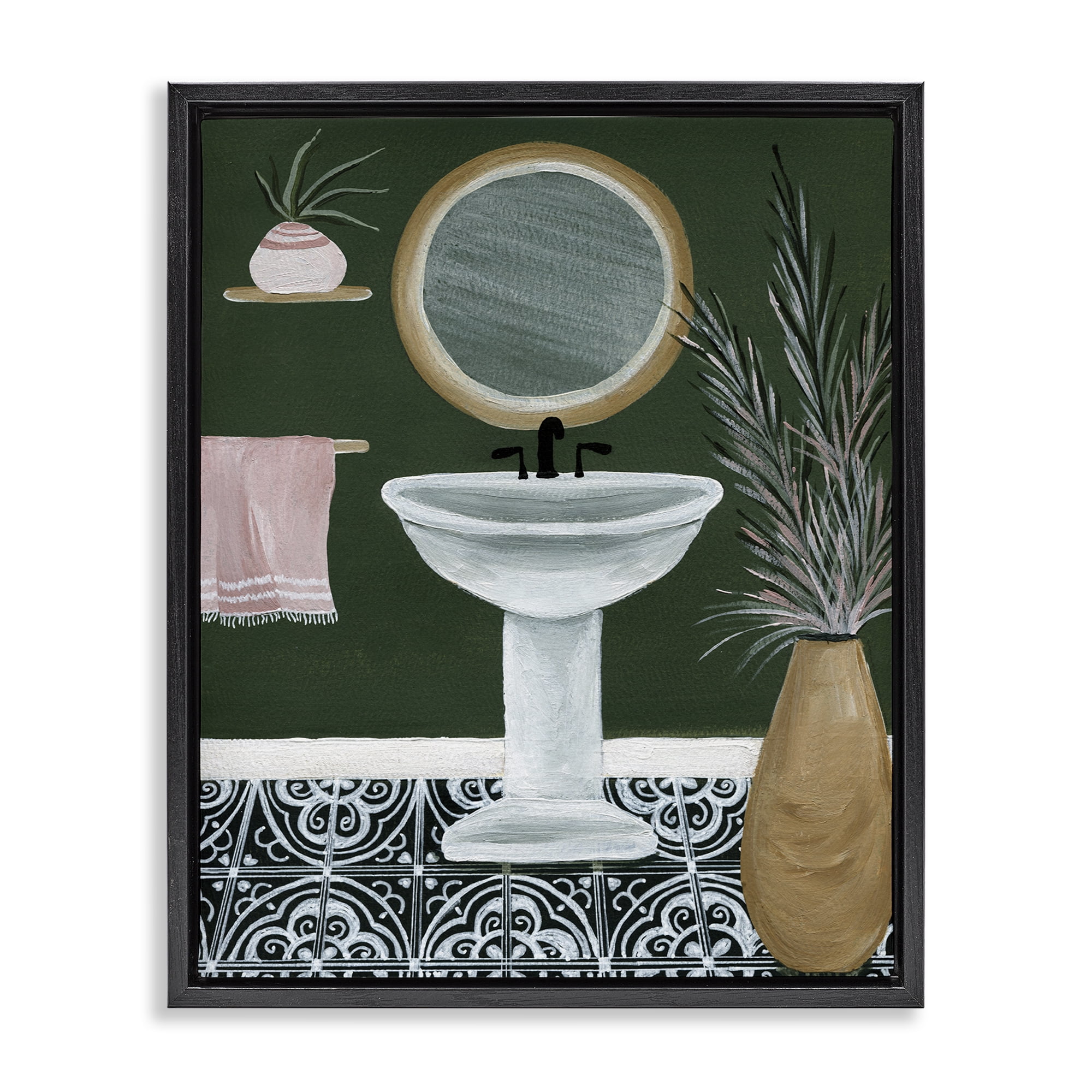 Stupell Industries Chic Green Bathroom Typography Painting Black Floater Framed Canvas Art Print Wall Art, 25 x 31