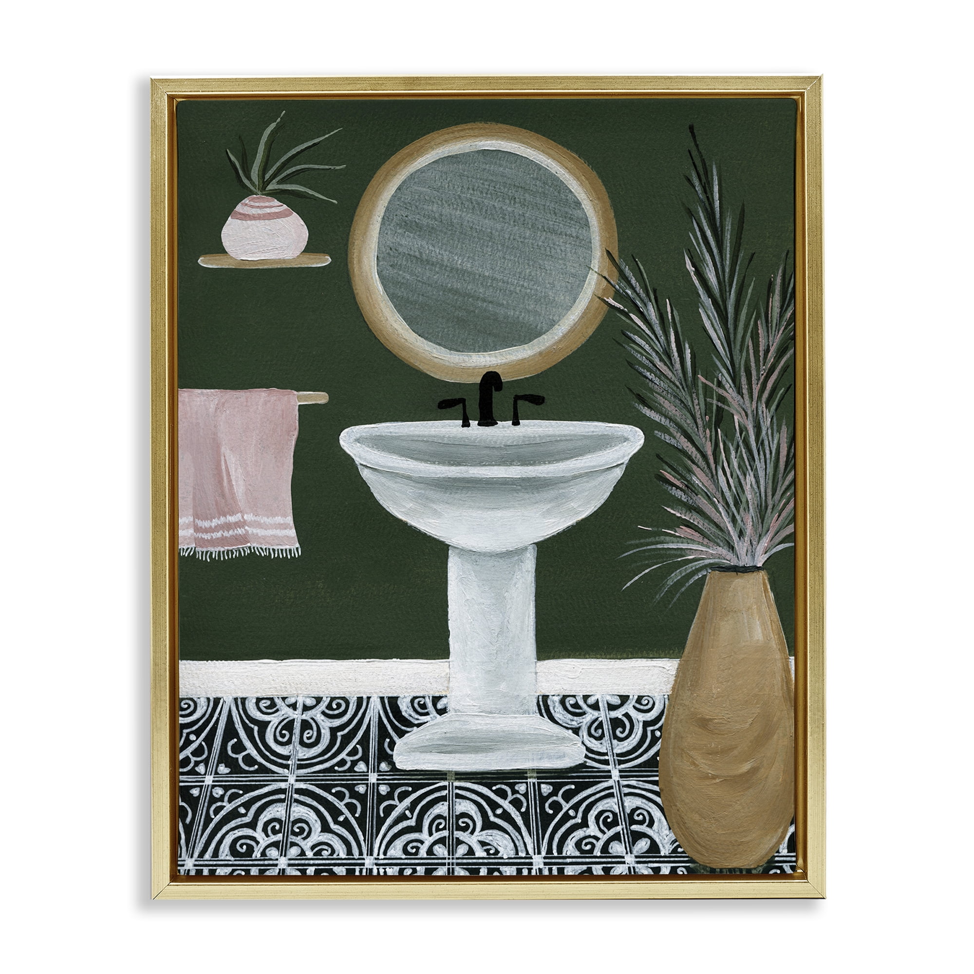 Stupell Industries Chic Green Bathroom Typography Painting Gold Floater Framed Canvas Art Print Wall Art, 17 x 21