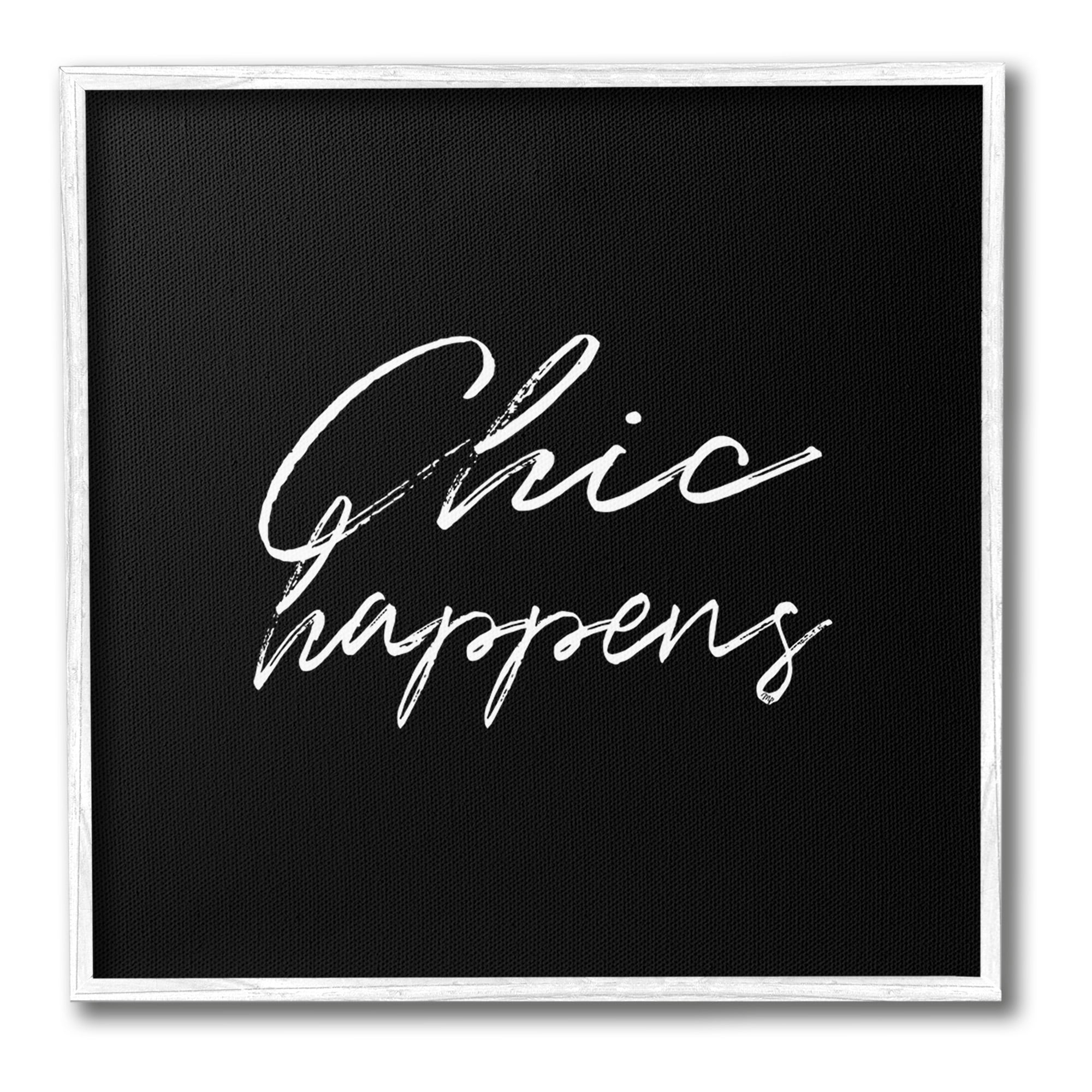 Stupell Industries Chic Happens on Black Beauty & Fashion Painting White Framed Art Print Wall Art, 12 x 12