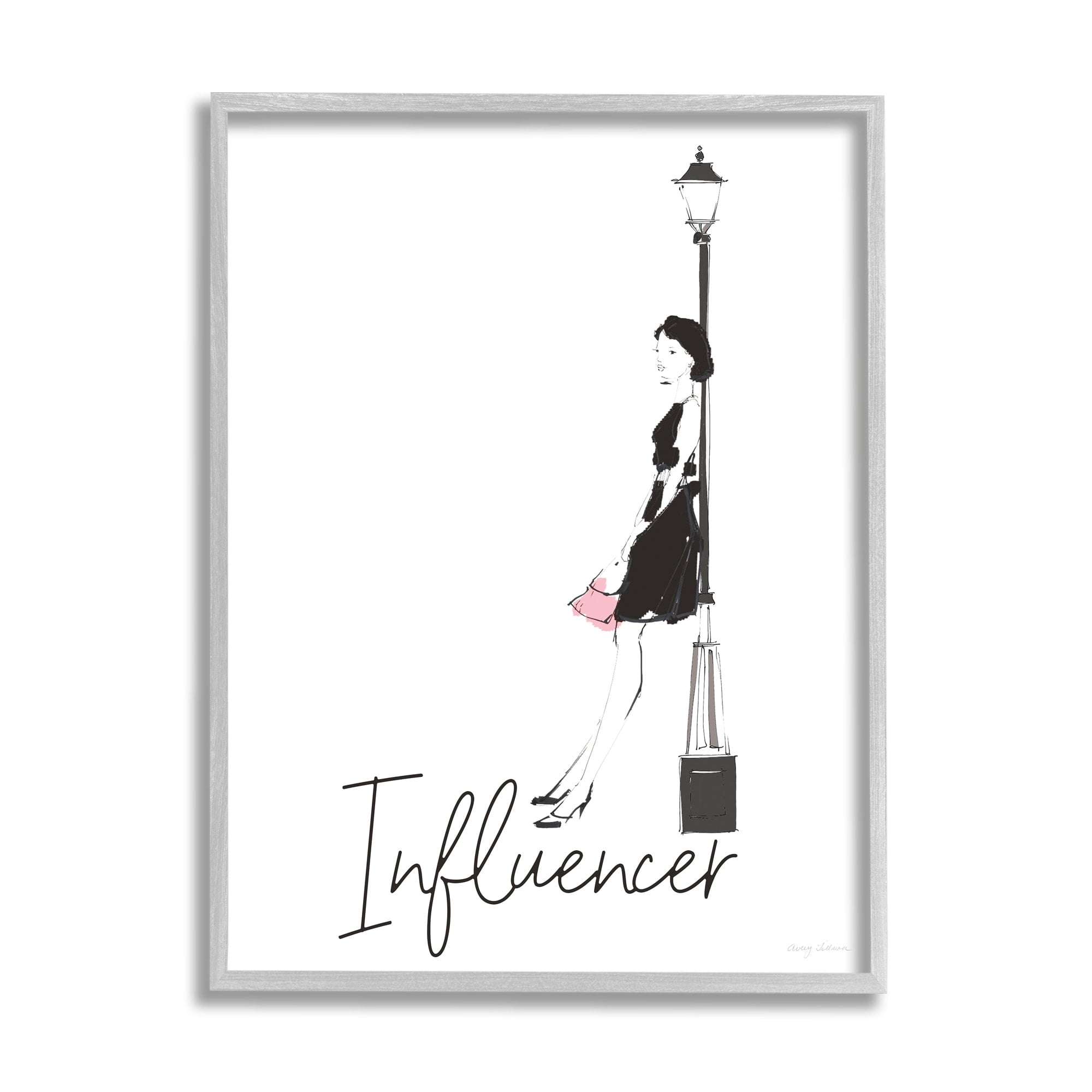 Stupell Industries Chic Influencer Calligraphy Woman Leaning Lamp Post Graphic Art Gray Framed Art Print Wall Art, Design by Avery Tillmon