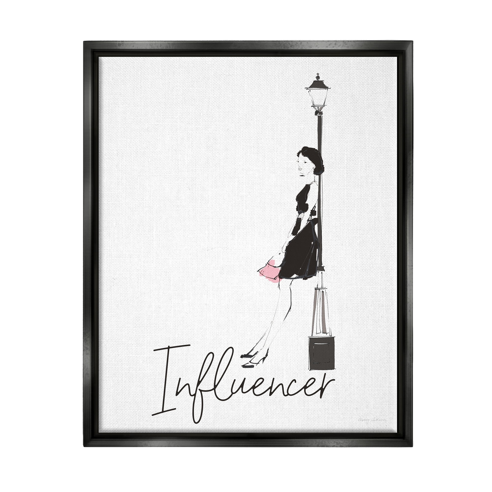 Stupell Industries Chic Influencer Calligraphy Woman Leaning Lamp Post Graphic Art Jet Black Floating Framed Canvas Print Wall Art, Design by Avery Tillmon
