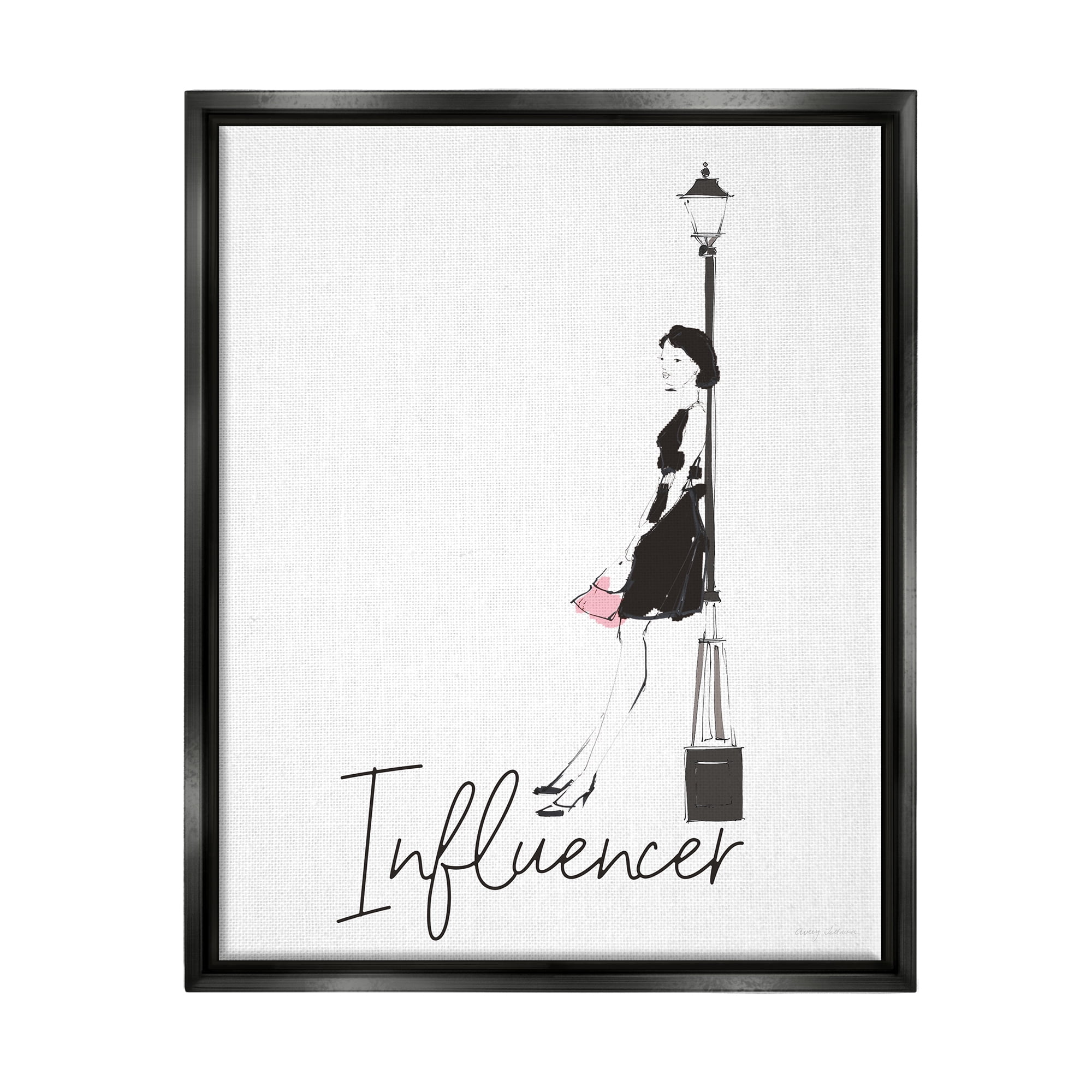 Stupell Industries Chic Influencer Calligraphy Woman Leaning Lamp Post Graphic Art Jet Black Floating Framed Canvas Print Wall Art, Design by Avery Tillmon