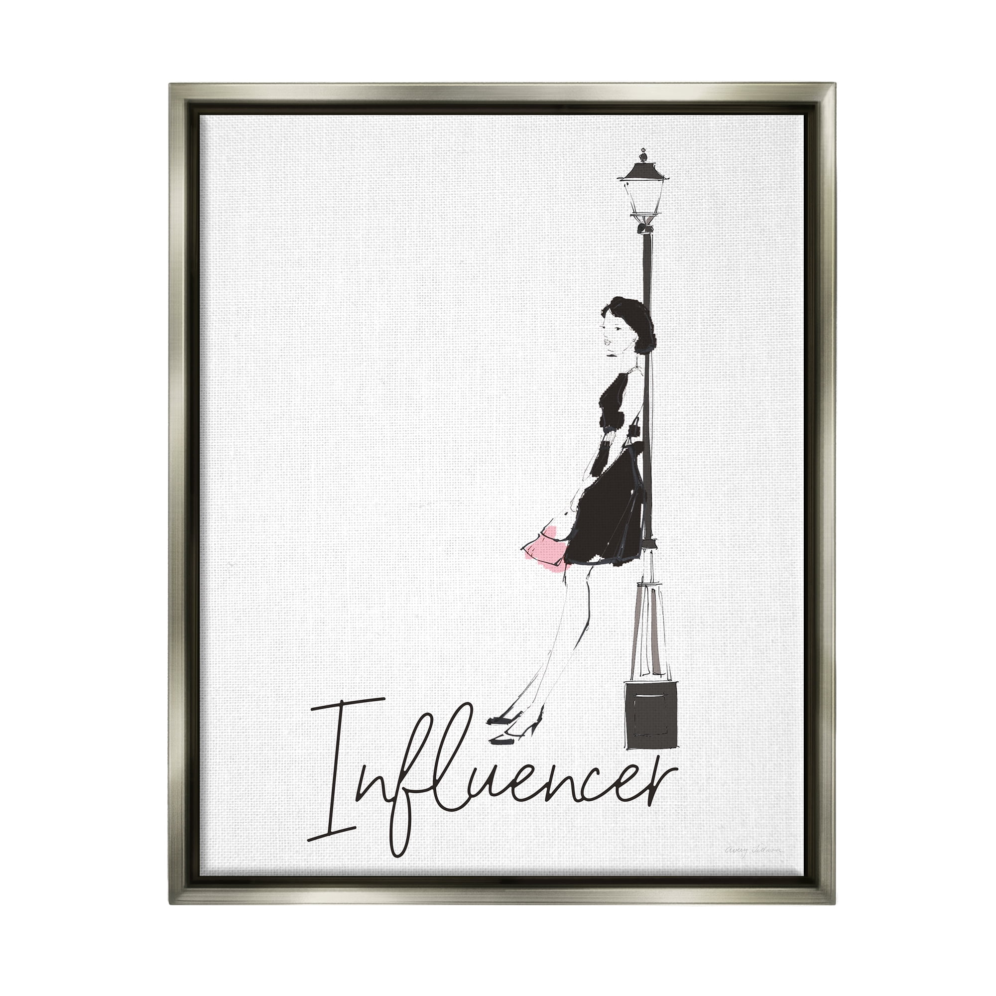 Stupell Industries Chic Influencer Calligraphy Woman Leaning Lamp Post Graphic Art Luster Gray Floating Framed Canvas Print Wall Art, Design by Avery Tillmon
