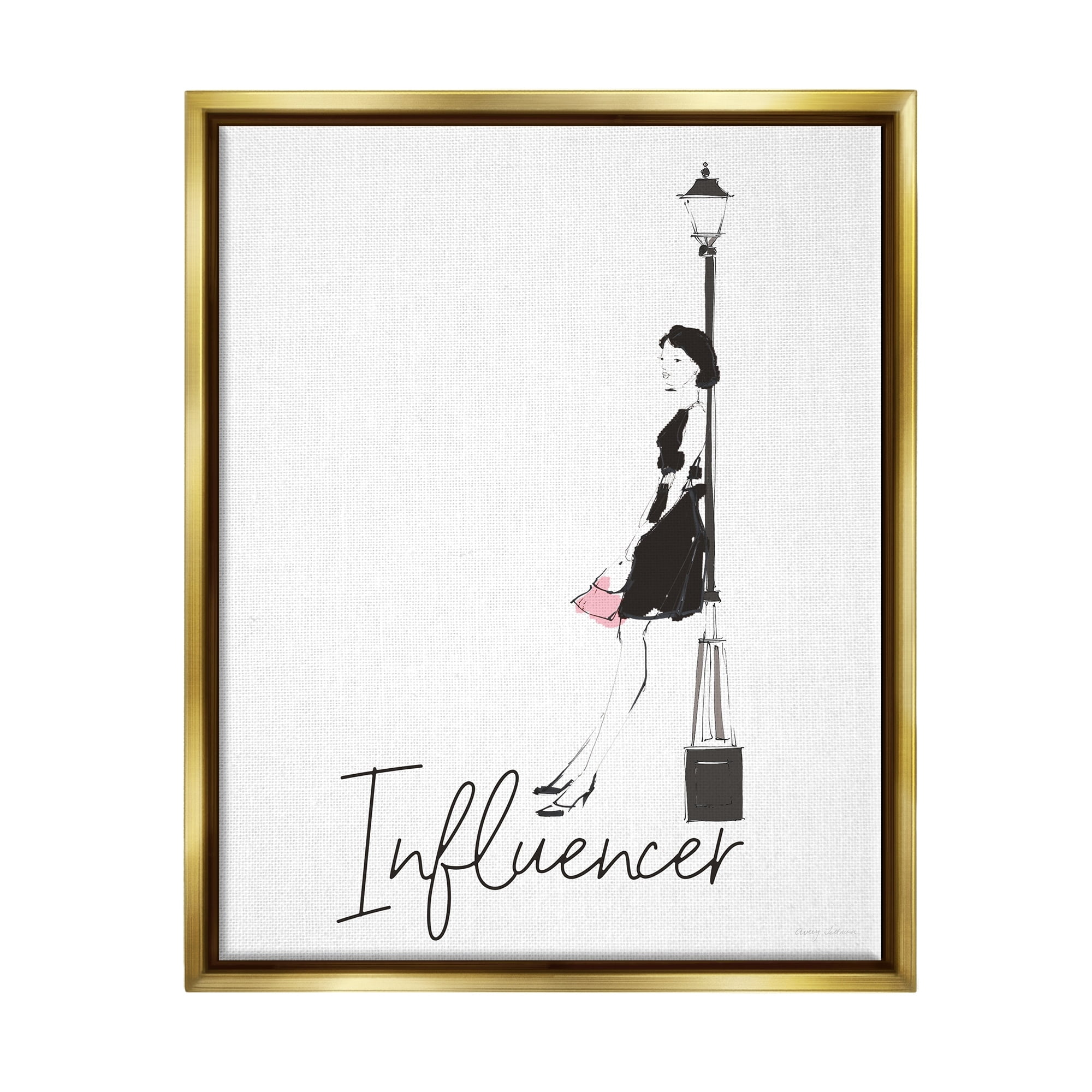 Stupell Industries Chic Influencer Calligraphy Woman Leaning Lamp Post Graphic Art Metallic Gold Floating Framed Canvas Print Wall Art, Design by Avery Tillmon