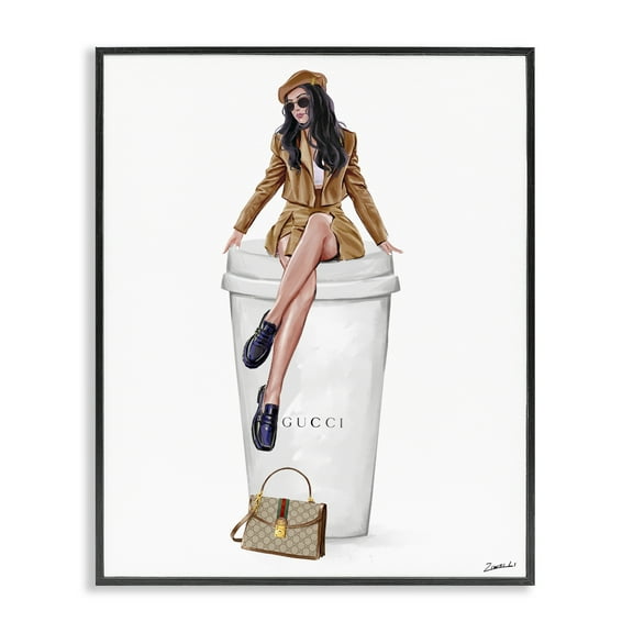 Stupell Industries Chic Lady on Coffee Cup People Painting Black Framed Art Print Wall Art, 11 x 14