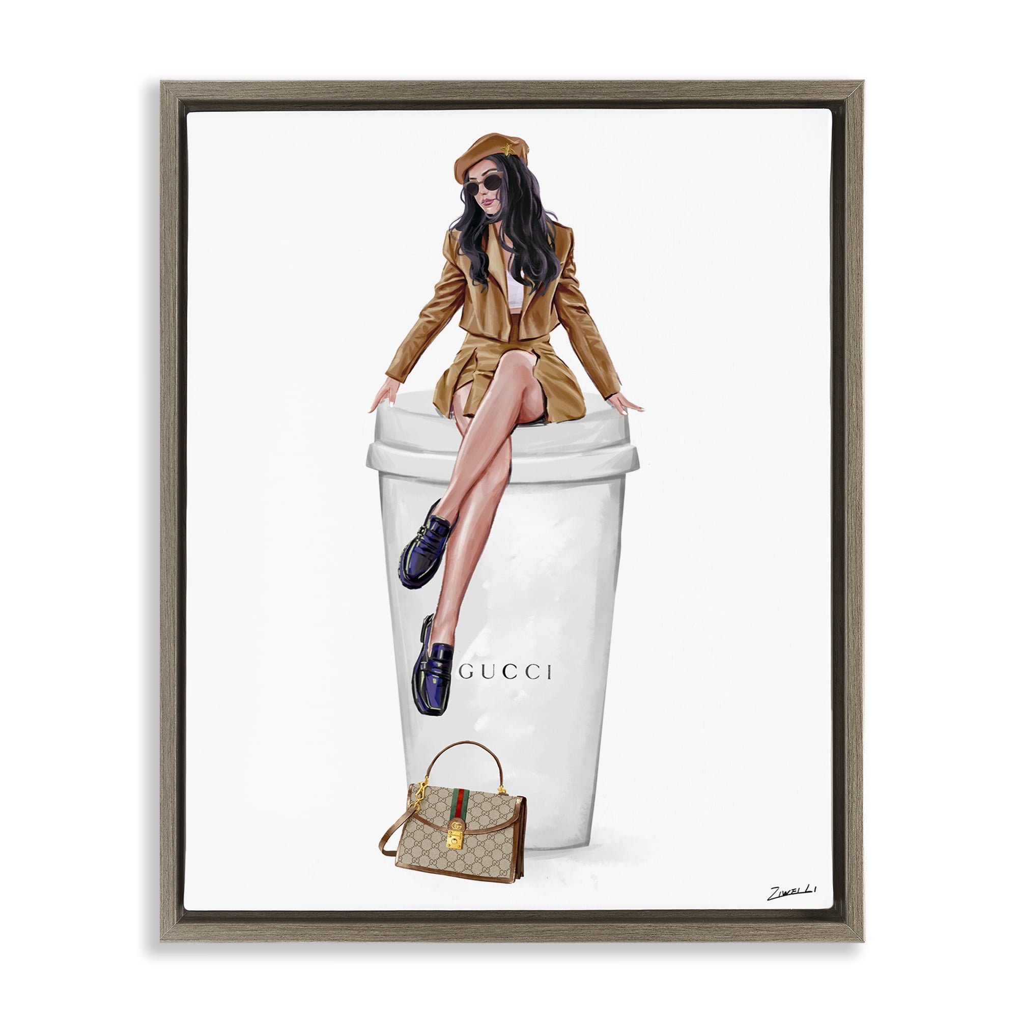 Stupell Industries Chic Lady on Coffee Cup People Painting Brown Floater Framed Canvas Art Print Wall Art, 17 x 21