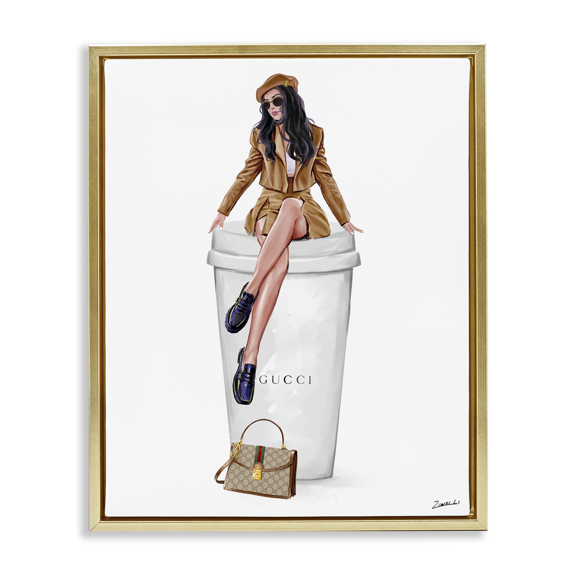 Stupell Industries Chic Lady on Coffee Cup People Painting Gold Floater Framed Canvas Art Print Wall Art, 25 x 31