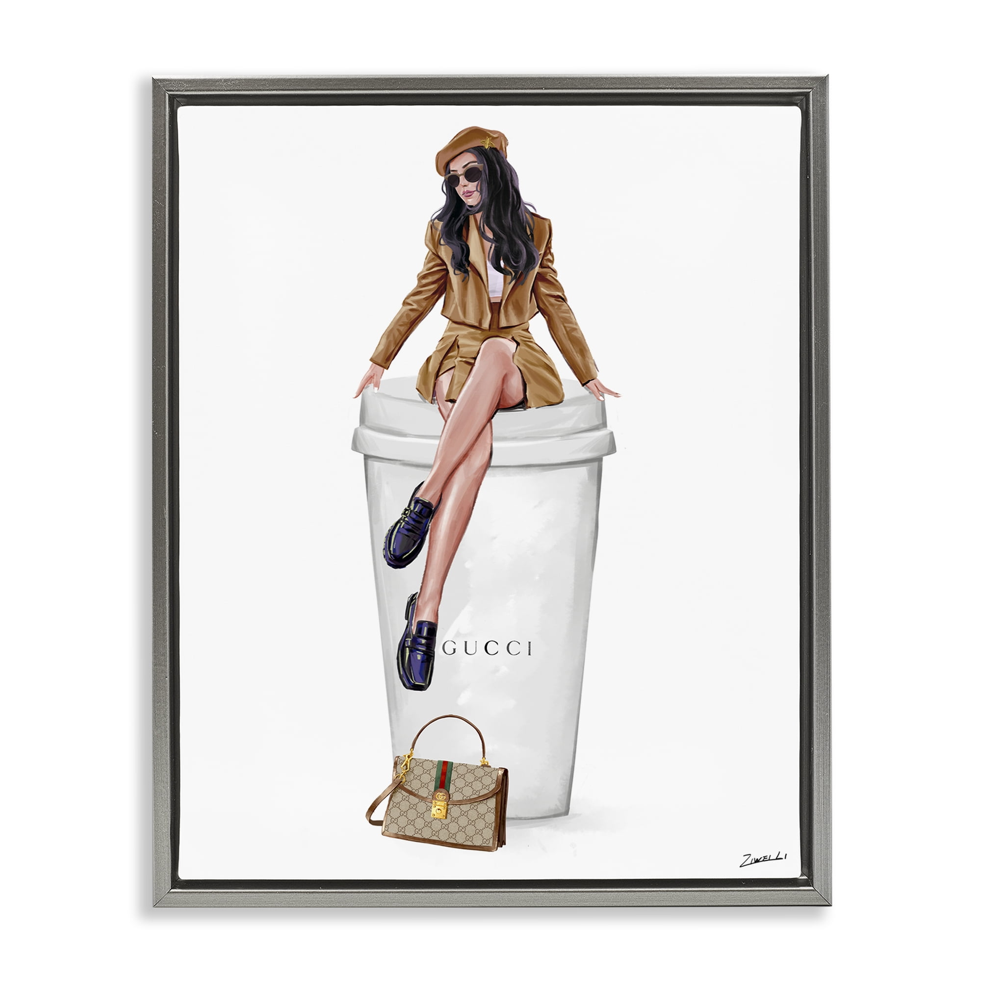 Stupell Industries Chic Lady on Coffee Cup People Painting Gray Floater Framed Canvas Art Print Wall Art, 25 x 31