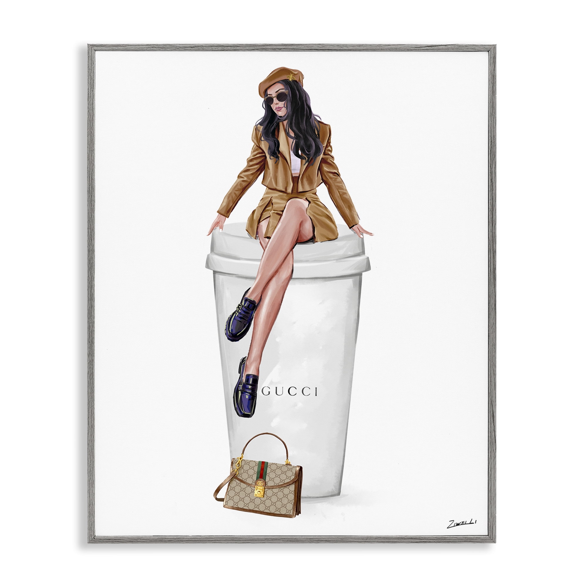 Stupell Industries Chic Lady on Coffee Cup People Painting Gray Framed Art Print Wall Art, 11 x 14