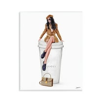 Stupell Industries Chic Lady on Coffee Cup People Painting Unframed Art Print Wall Art, 11 x 14