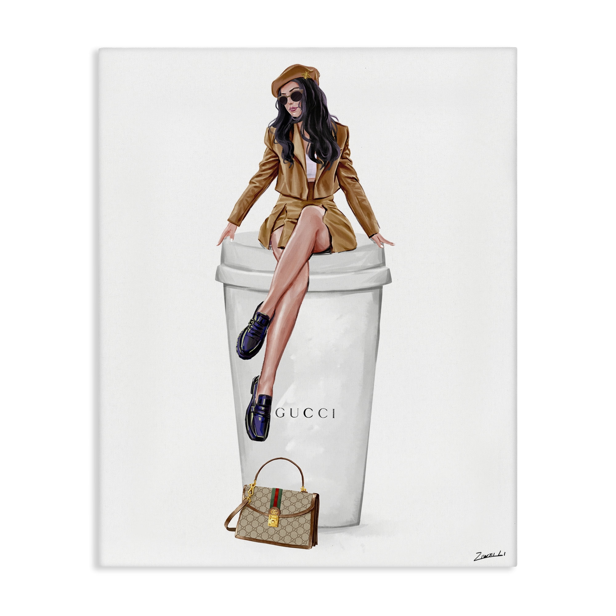 Stupell Industries Chic Lady on Coffee Cup People Painting Wrapped Canvas Art Print Wall Art, 36 x 48