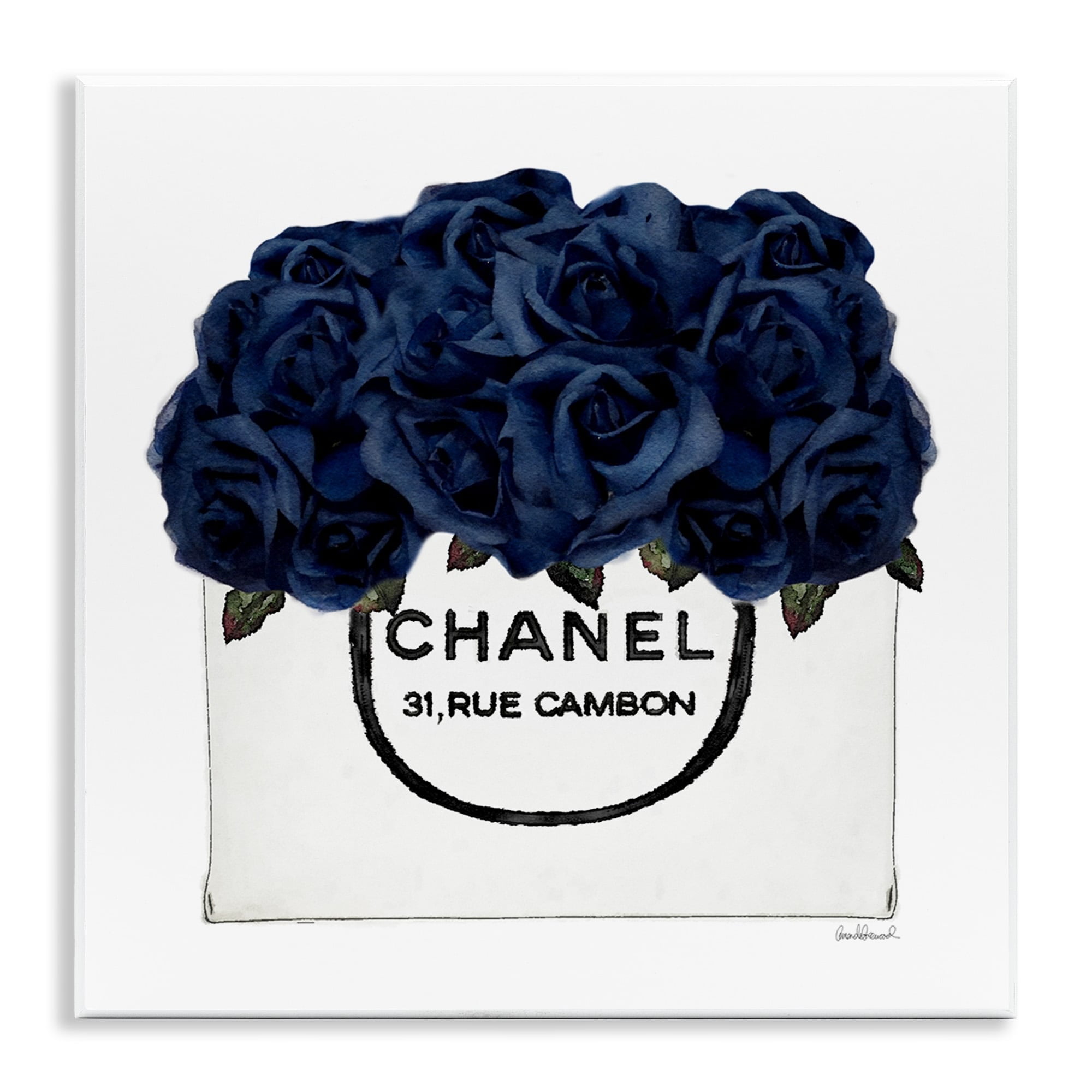 Stupell Industries Chic Navy Blue Roses in Glam Fashion Bag Botanical & Floral Painting Unframed Art Print Wall Art, 12 x 12