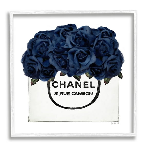 Stupell Industries Chic Navy Blue Roses in Glam Fashion Bag Botanical & Floral Painting White Framed Art Print Wall Art, 12 x 12