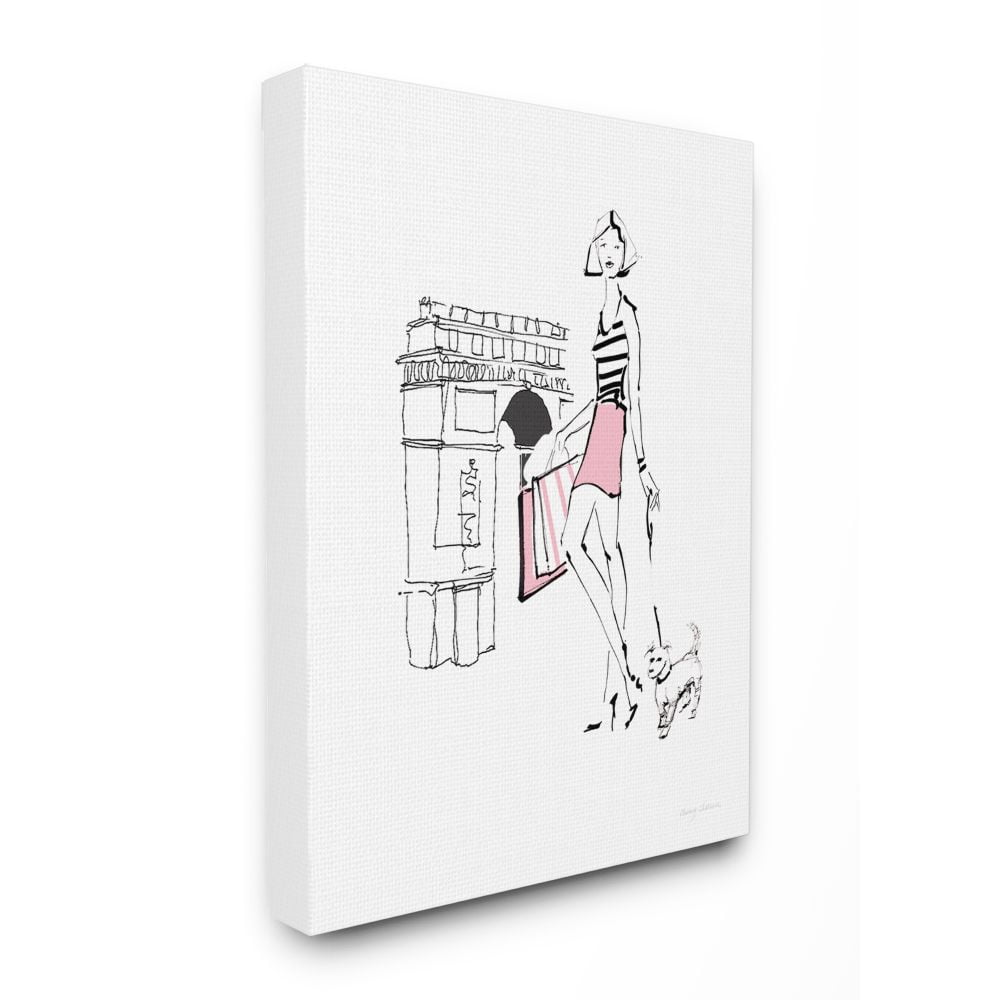 Stupell Industries Chic Paris Fashion Dog Walker Pink Black Sketch Canvas Wall Art Design by Avery Tillmon, 16" x 20"