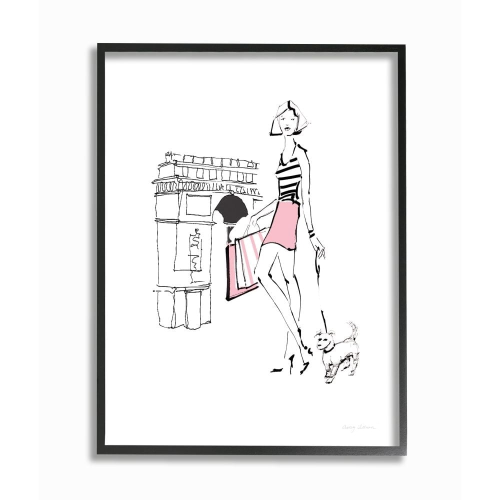 Stupell Industries Chic Paris Fashion Dog Walker Pink Black Sketch Framed Wall Art Design by Avery Tillmon, 16" x 20", Black Framed