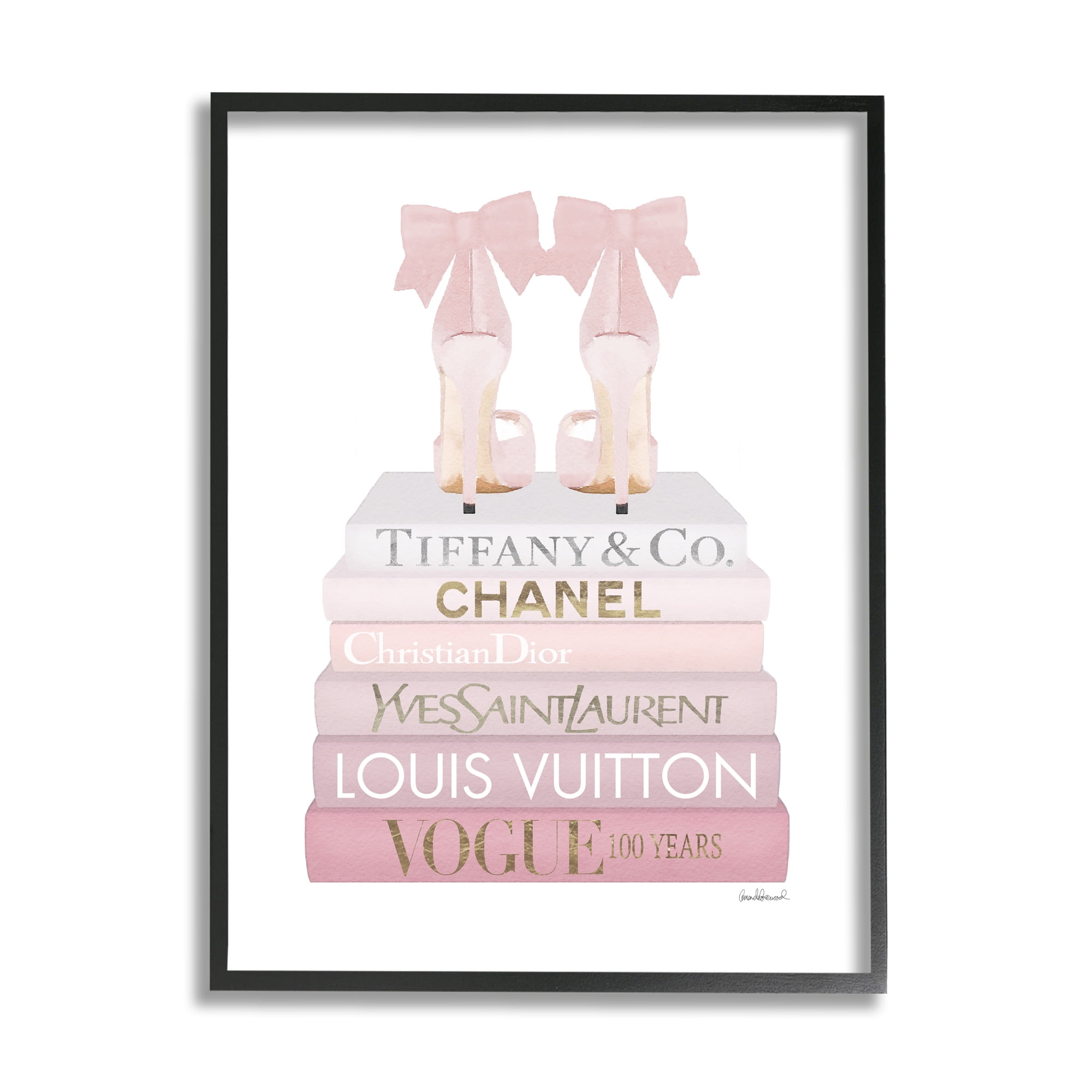 Stupell Industries Chic Pink Bow Shoes Glam Fashion Bookstack Beauty & Fashion Painting Black Framed Art Print Wall Art, 11 x 14