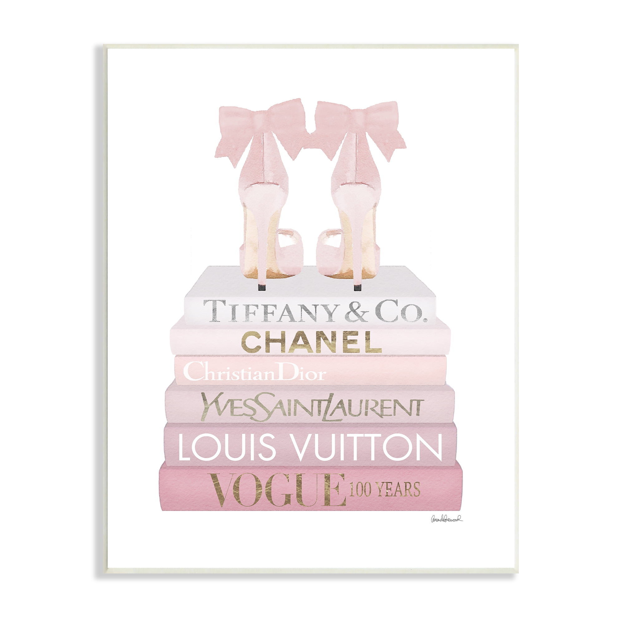 Stupell Industries Chic Pink Bow Shoes Glam Fashion Bookstack Beauty & Fashion Painting Unframed Art Print Wall Art, 10 x 15