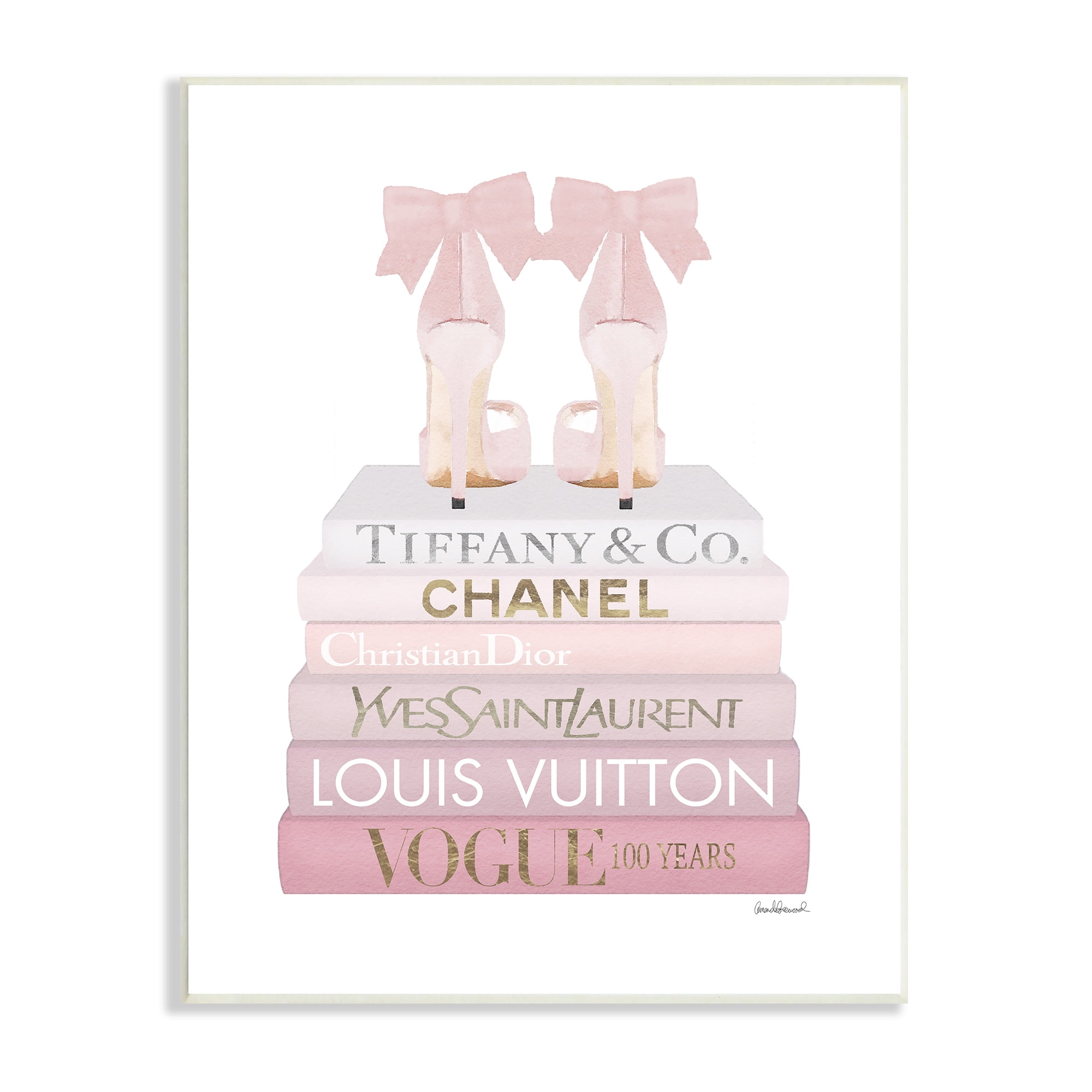 Stupell Industries Chic Pink Bow Shoes Glam Fashion Bookstack Beauty & Fashion Painting Unframed Art Print Wall Art, 13 x 19