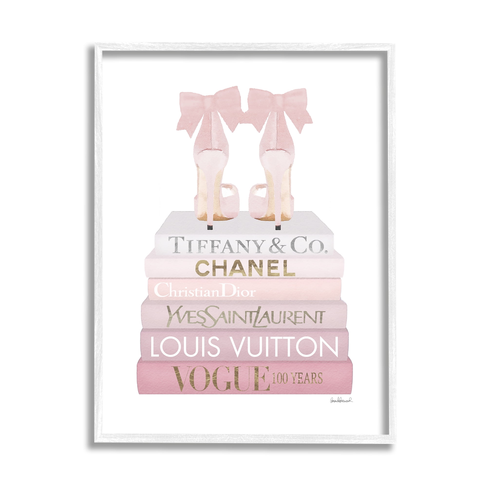 Stupell Industries Chic Pink Bow Shoes Glam Fashion Bookstack Beauty & Fashion Painting White Framed Art Print Wall Art, 24 x 30