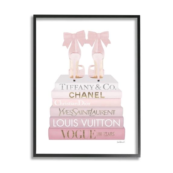 Stupell Industries Chic Pink Bow Shoes Glam Fashion Bookstack Glam Painting Black Framed Art Print Wall Art, 24 x 30, Design by Amanda Greenwood