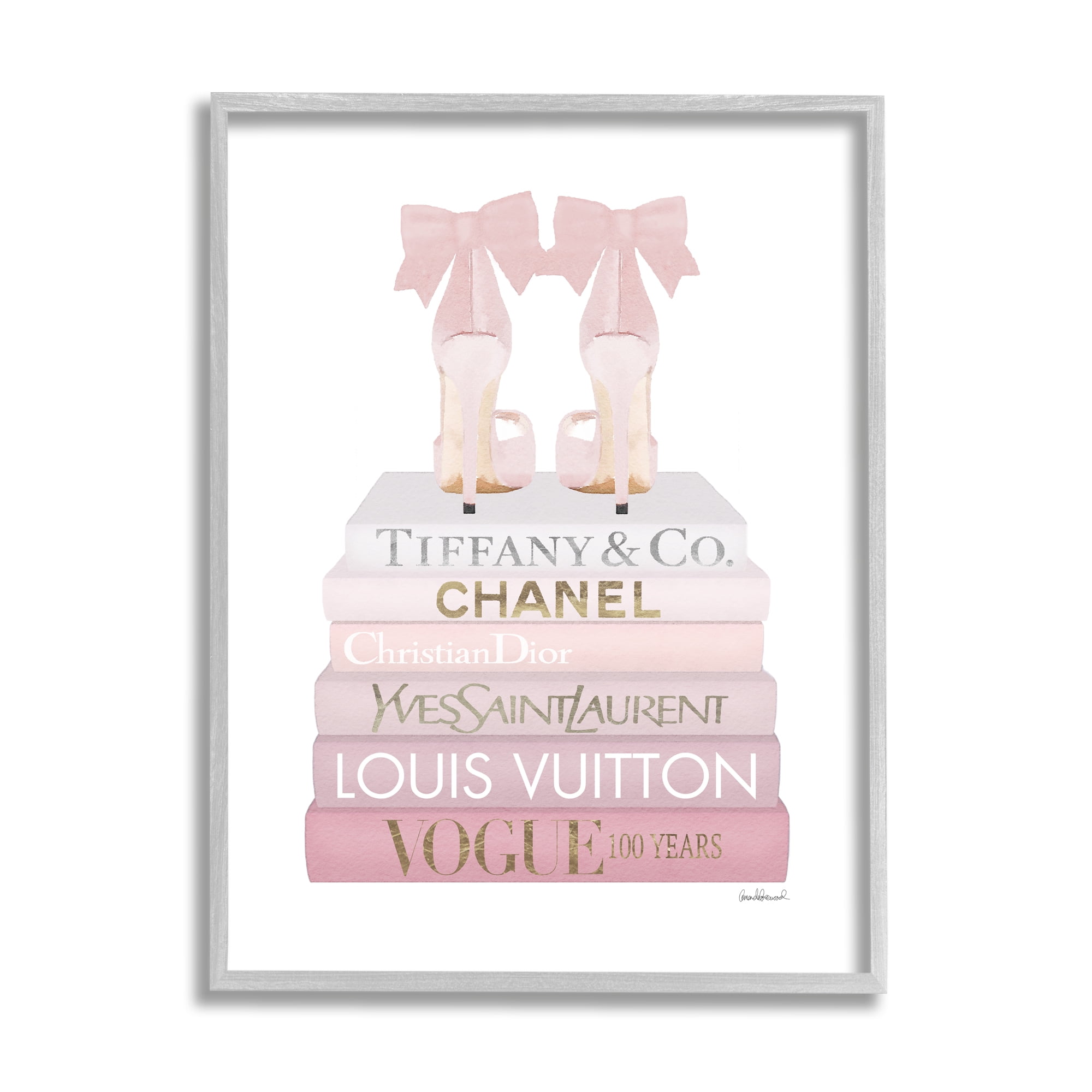 Stupell Industries Chic Pink Bow Shoes Glam Fashion Bookstack Glam Painting Gray Framed Art Print Wall Art, 11 x 14, Design by Amanda Greenwood