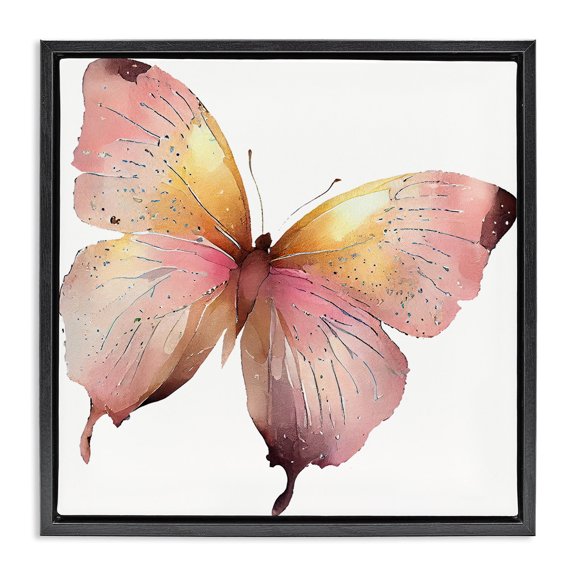 Stupell Industries Chic Pink Butterfly Animals Painting Black Floater Framed Canvas Art Print Wall Art, 25 x 25