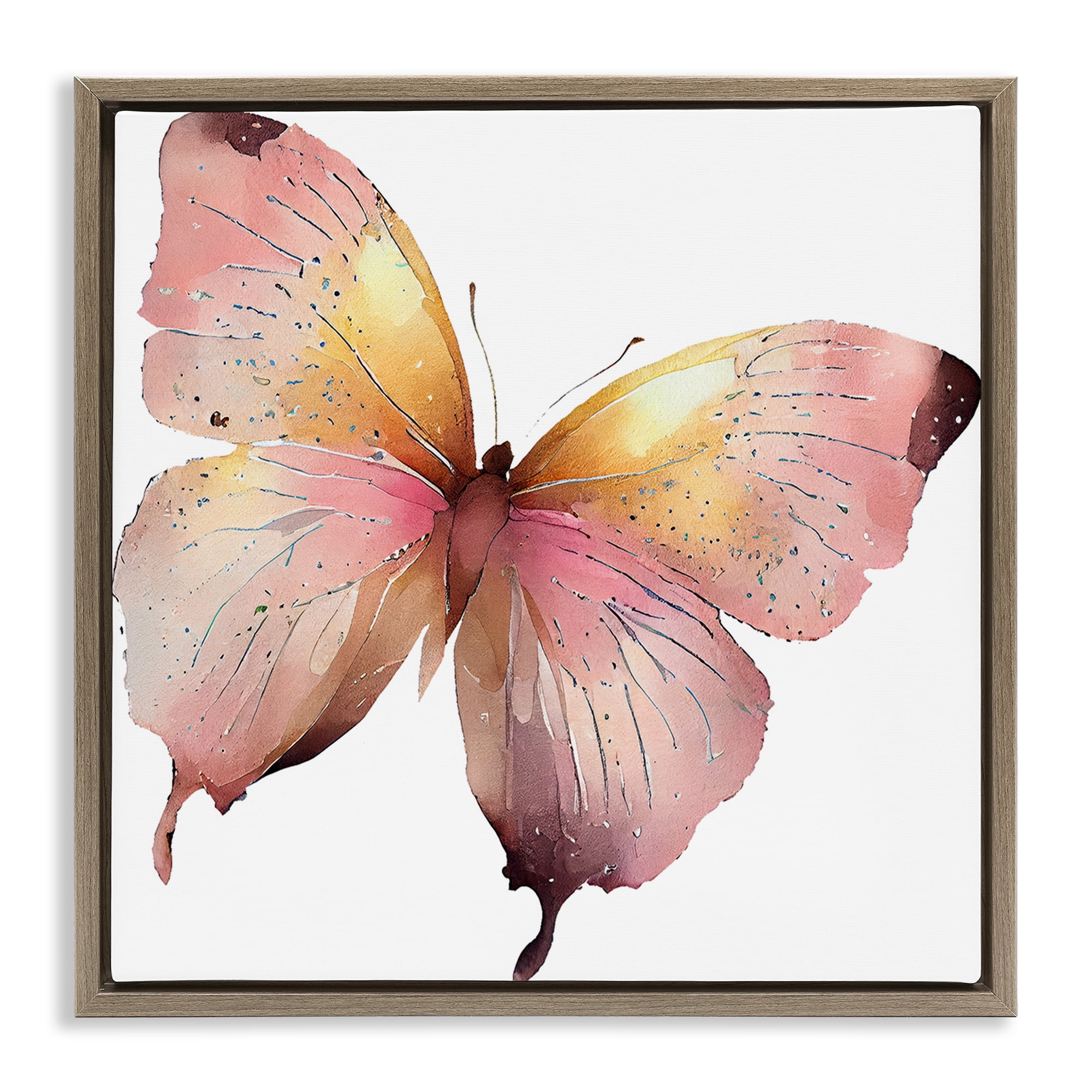 Stupell Industries Chic Pink Butterfly Animals Painting Brown Floater Framed Canvas Art Print Wall Art, 25 x 25