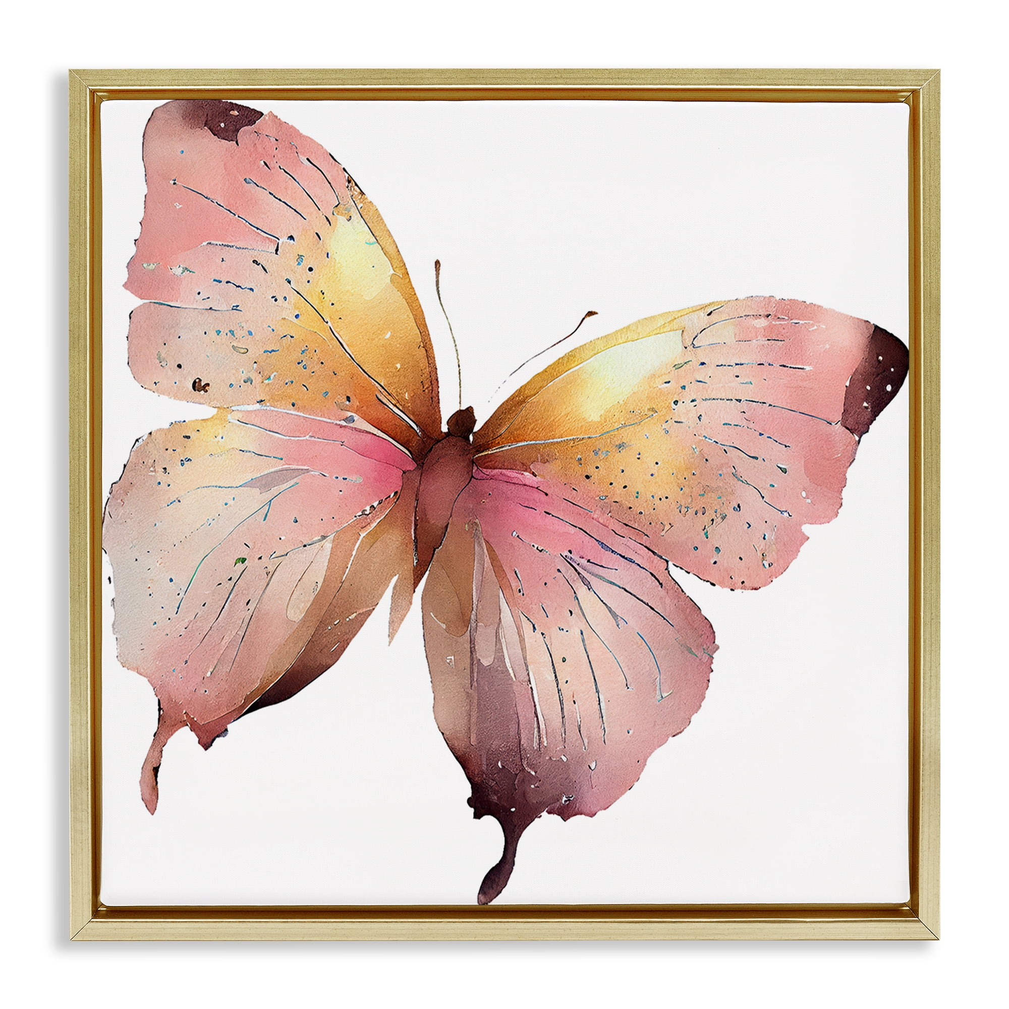 Stupell Industries Chic Pink Butterfly Animals Painting Gold Floater Framed Canvas Art Print Wall Art, 25 x 25