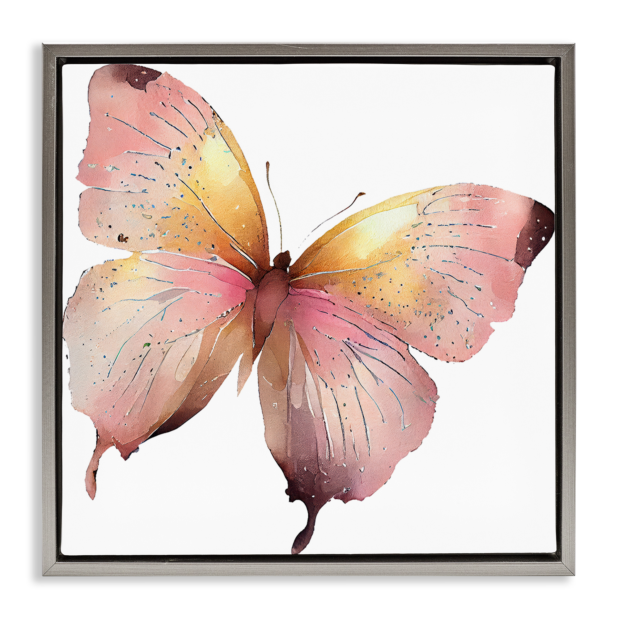 Stupell Industries Chic Pink Butterfly Animals Painting Gray Floater Framed Canvas Art Print Wall Art, 25 x 25