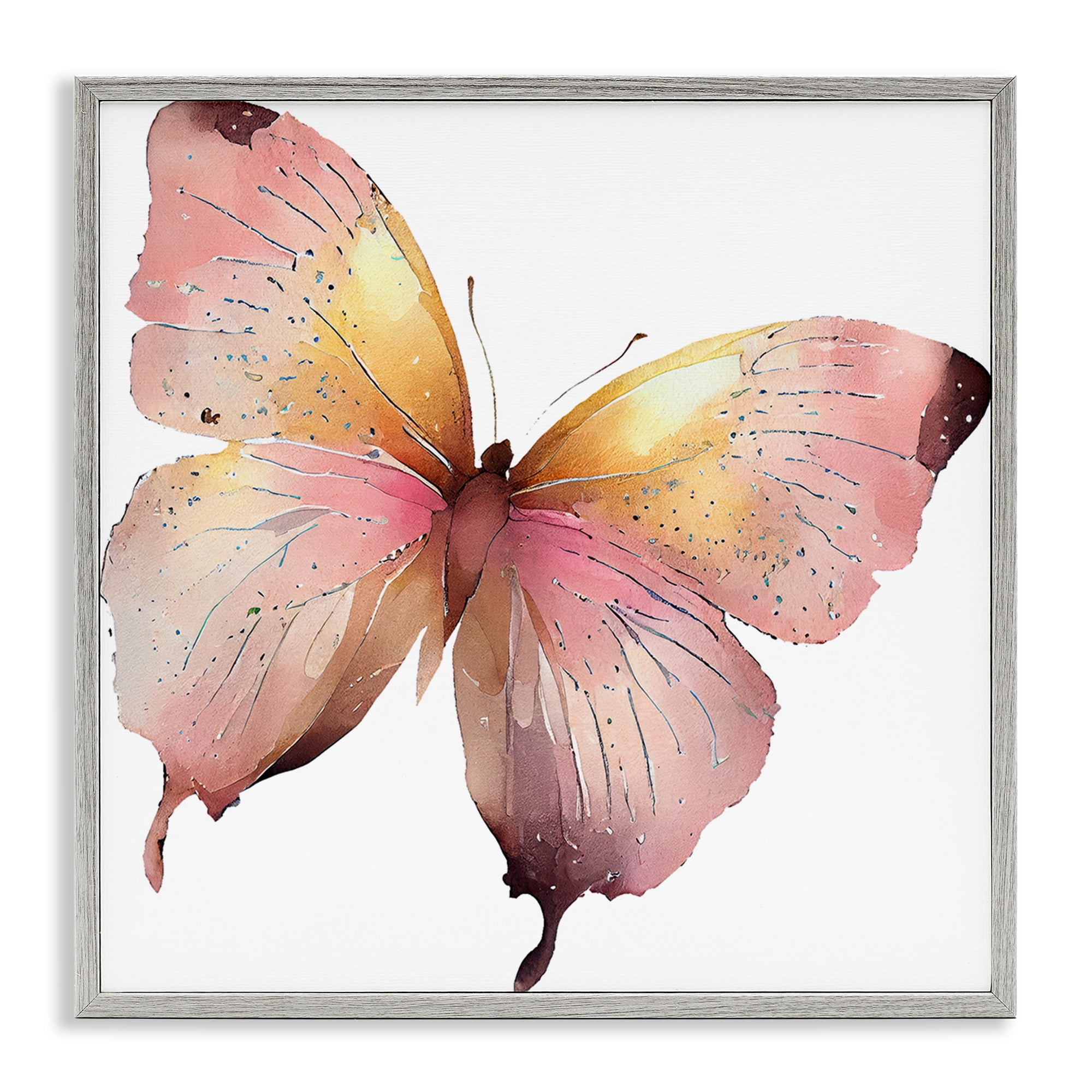 Stupell Industries Chic Pink Butterfly Animals Painting Gray Framed Art Print Wall Art, 12 x 12