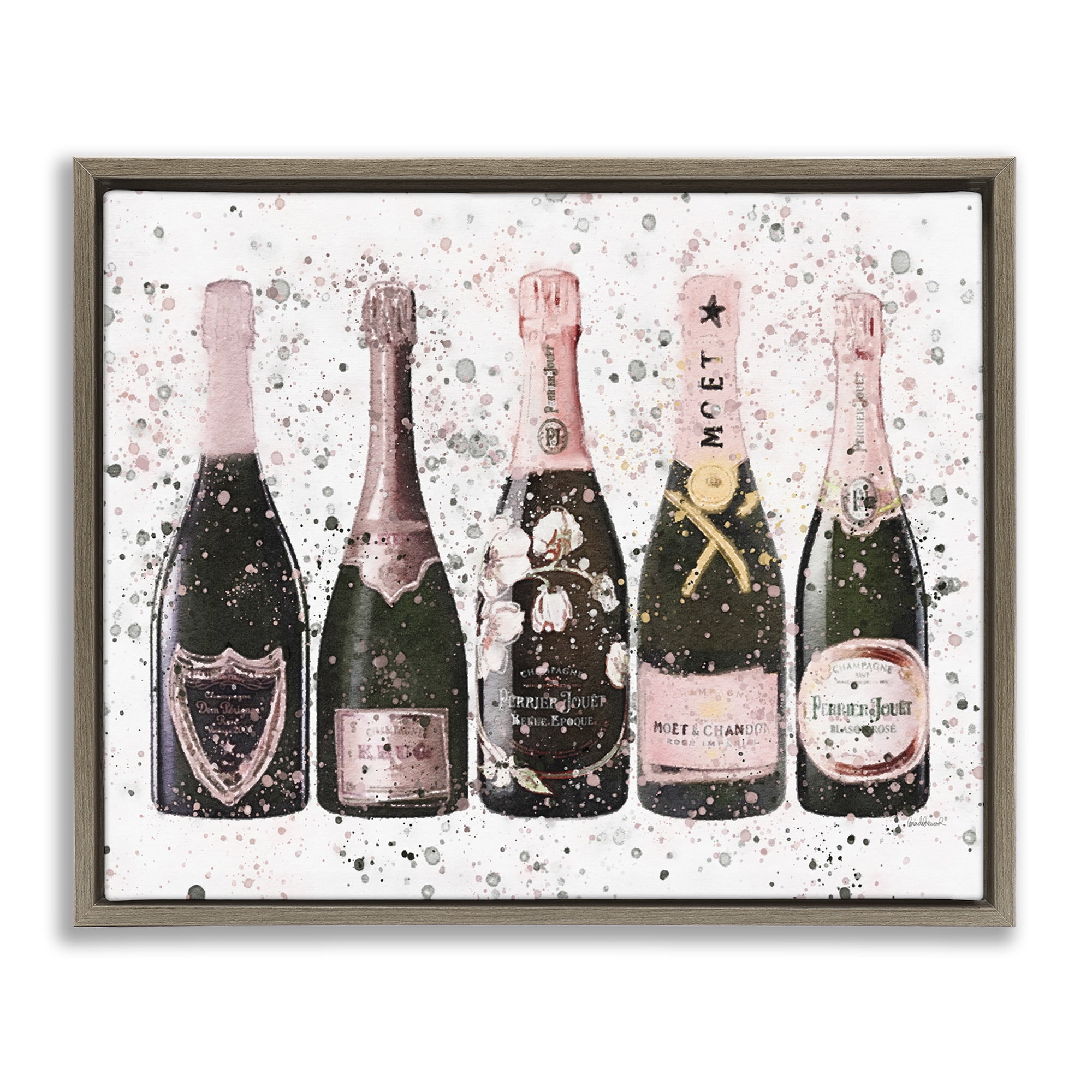 Stupell Industries Chic Pink Rose Bottles Food & Beverage Painting Brown Floater Framed Canvas Art Print Wall Art, 31 x 25
