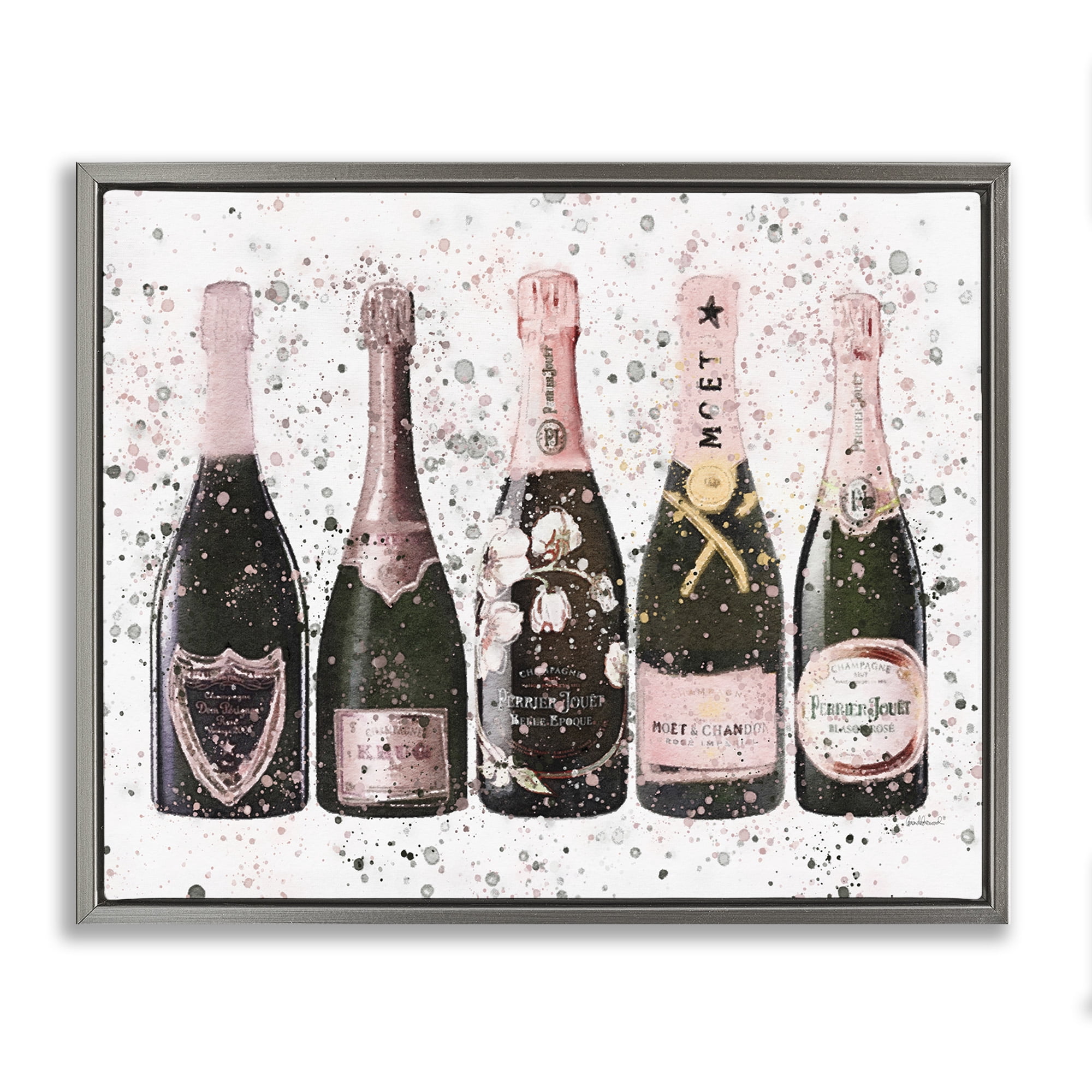 Stupell Industries Chic Pink Rose Bottles Food & Beverage Painting Gray Floater Framed Canvas Art Print Wall Art, 31 x 25