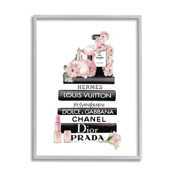 Stupell Industries Chic Pink Toiletry Cosmetics Glam Fashion Books Modern Painting Gray Framed Art Print Wall Art, 24 x 30, Design by Ros Ruseva