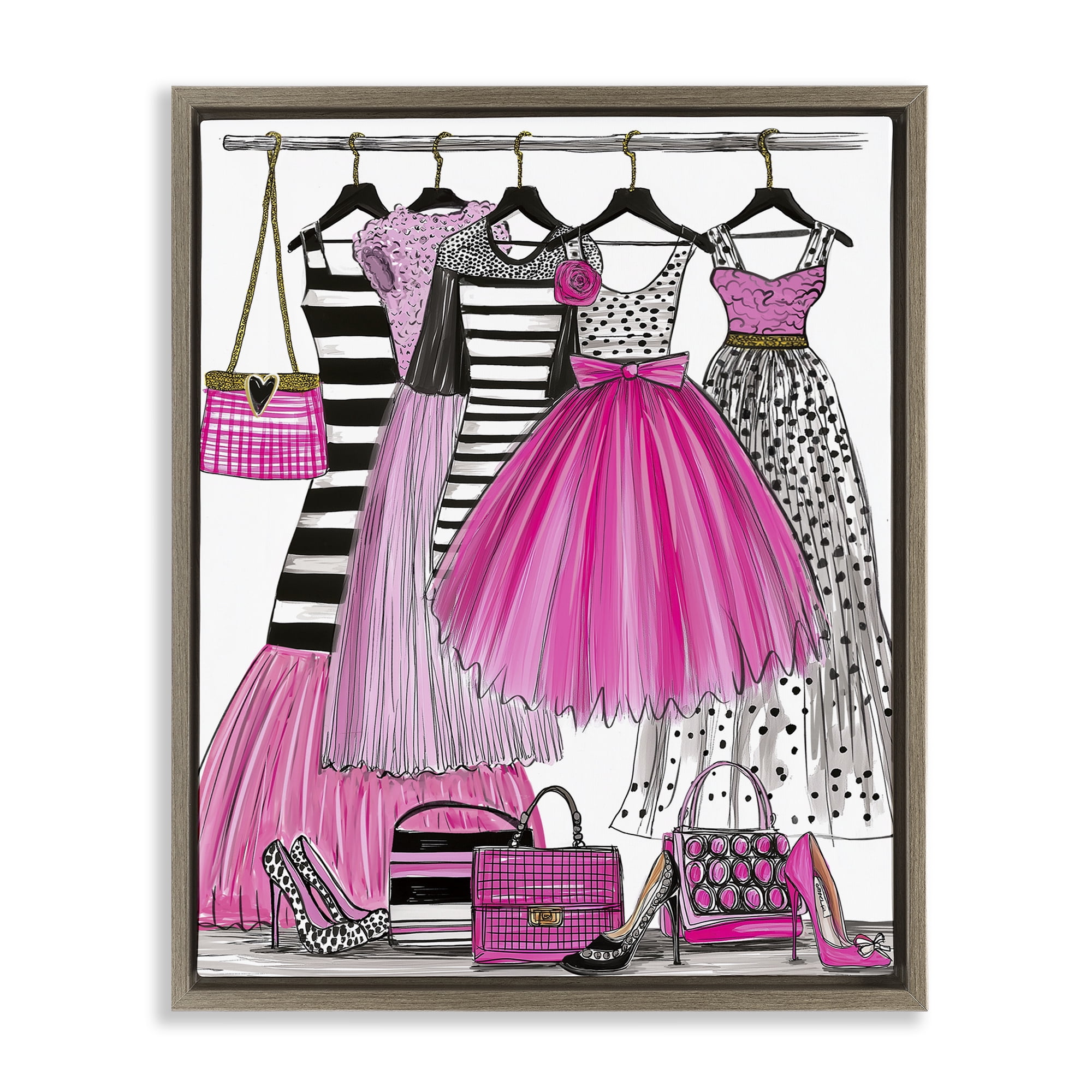 Stupell Industries Chic Pink Tulle Dresses Brown Framed Floater Canvas Wall Art, design by Jess Stempel