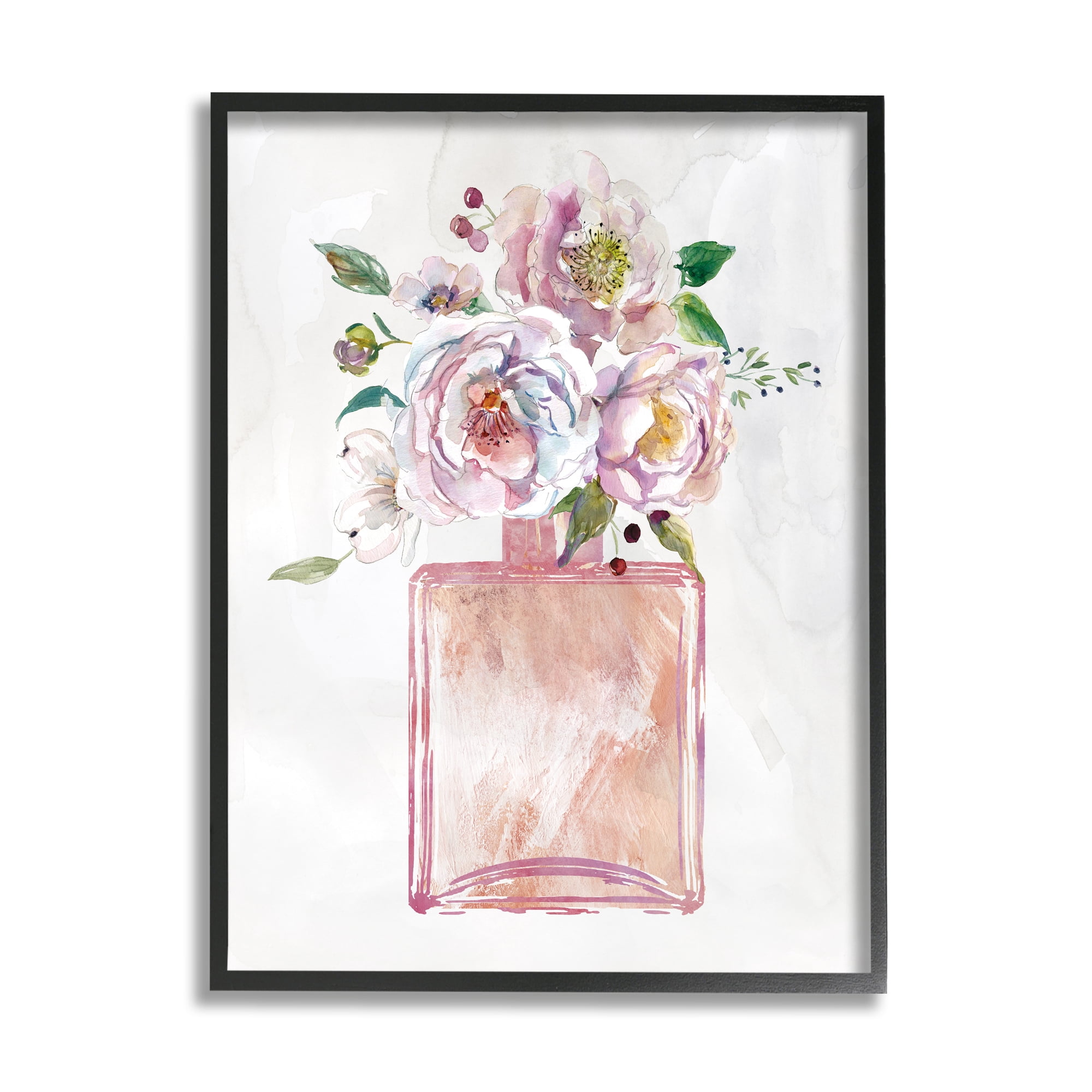 Stupell Industries Chic Purple Pink Florals in Fashion Fragrance Bottle Botanical & Floral Painting Black Framed Art Print Wall Art, 11 x 14