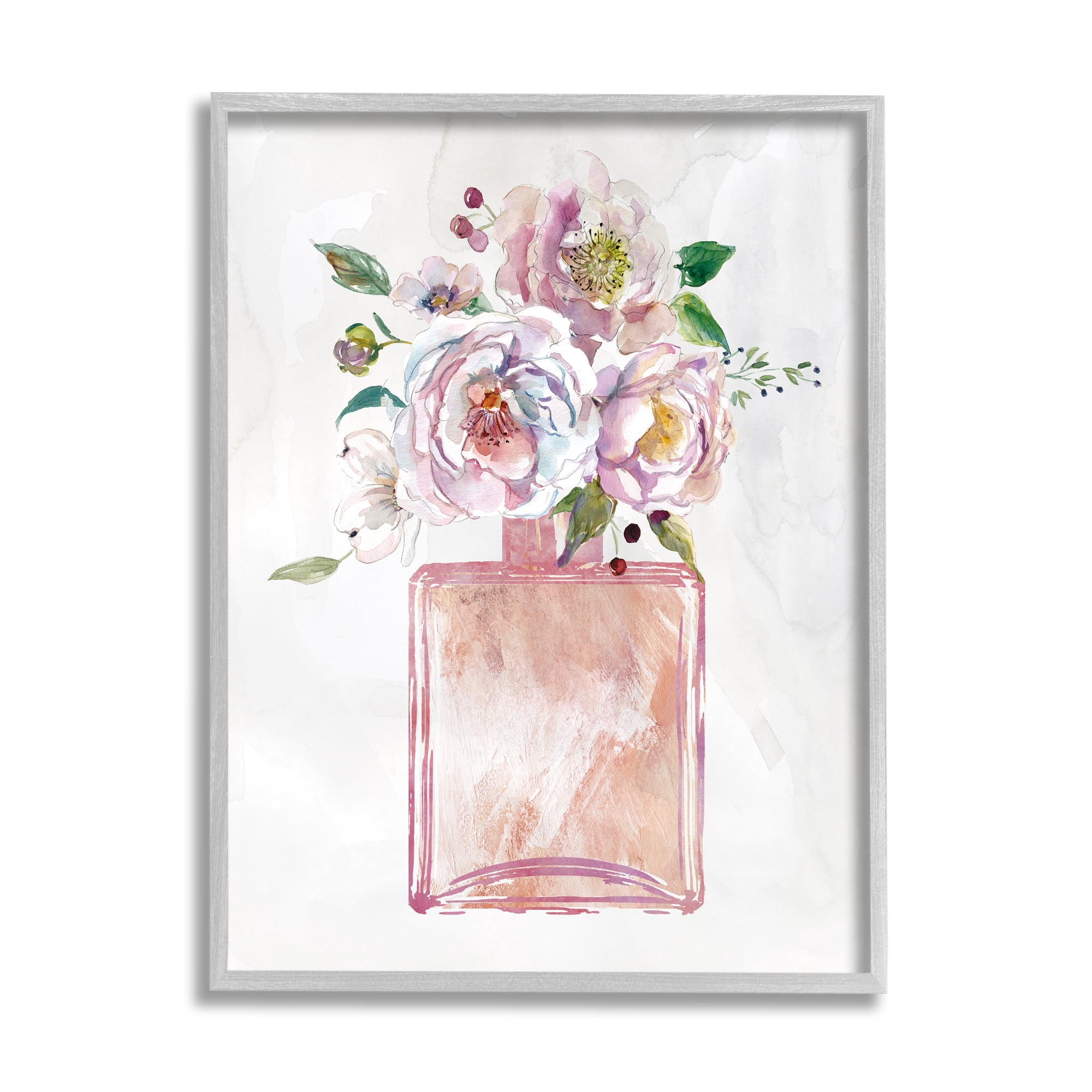 Stupell Industries Chic Purple Pink Florals in Fashion Fragrance Bottle Botanical & Floral Painting Gray Framed Art Print Wall Art, 11 x 14