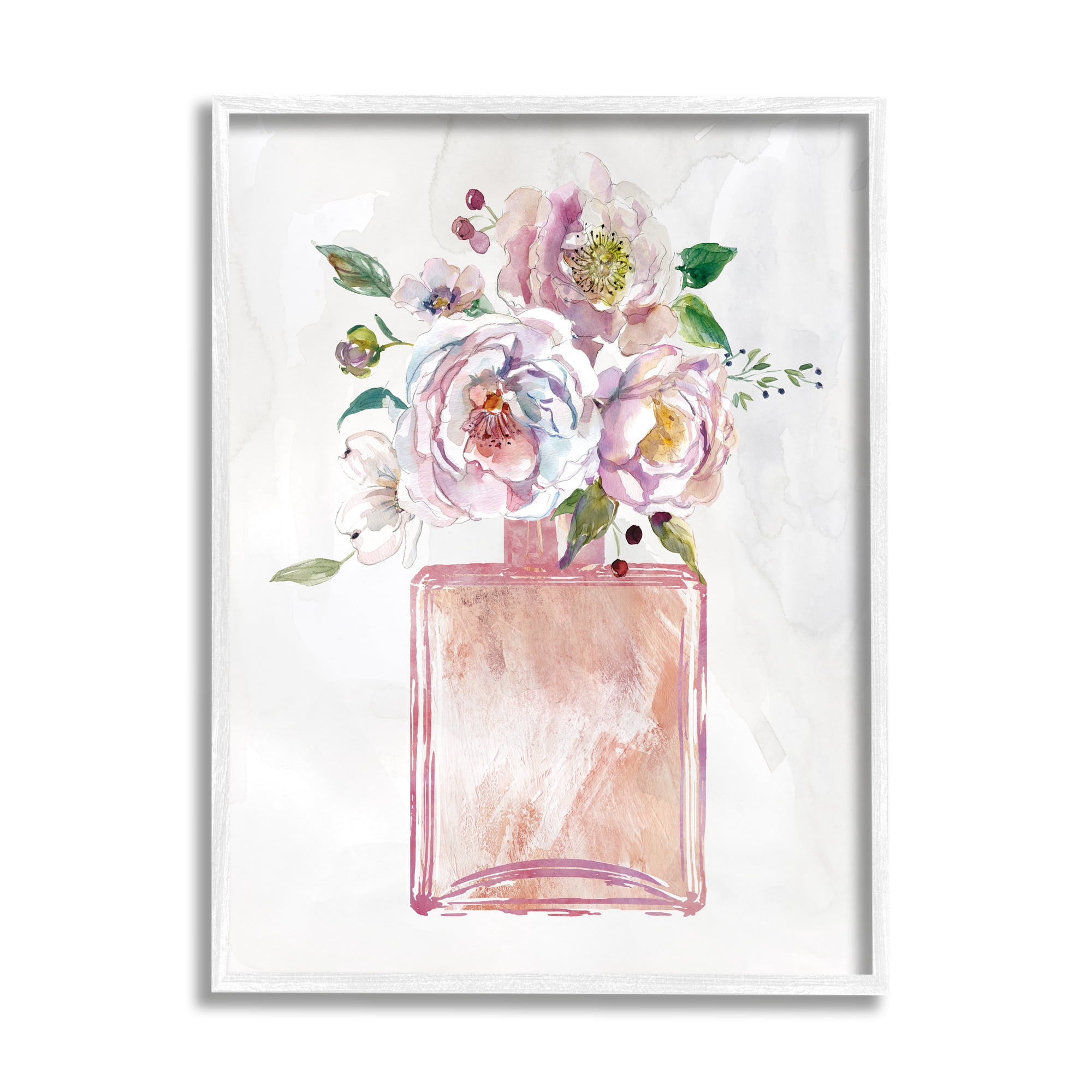Stupell Industries Chic Purple Pink Florals in Fashion Fragrance Bottle Botanical & Floral Painting White Framed Art Print Wall Art, 16 x 20