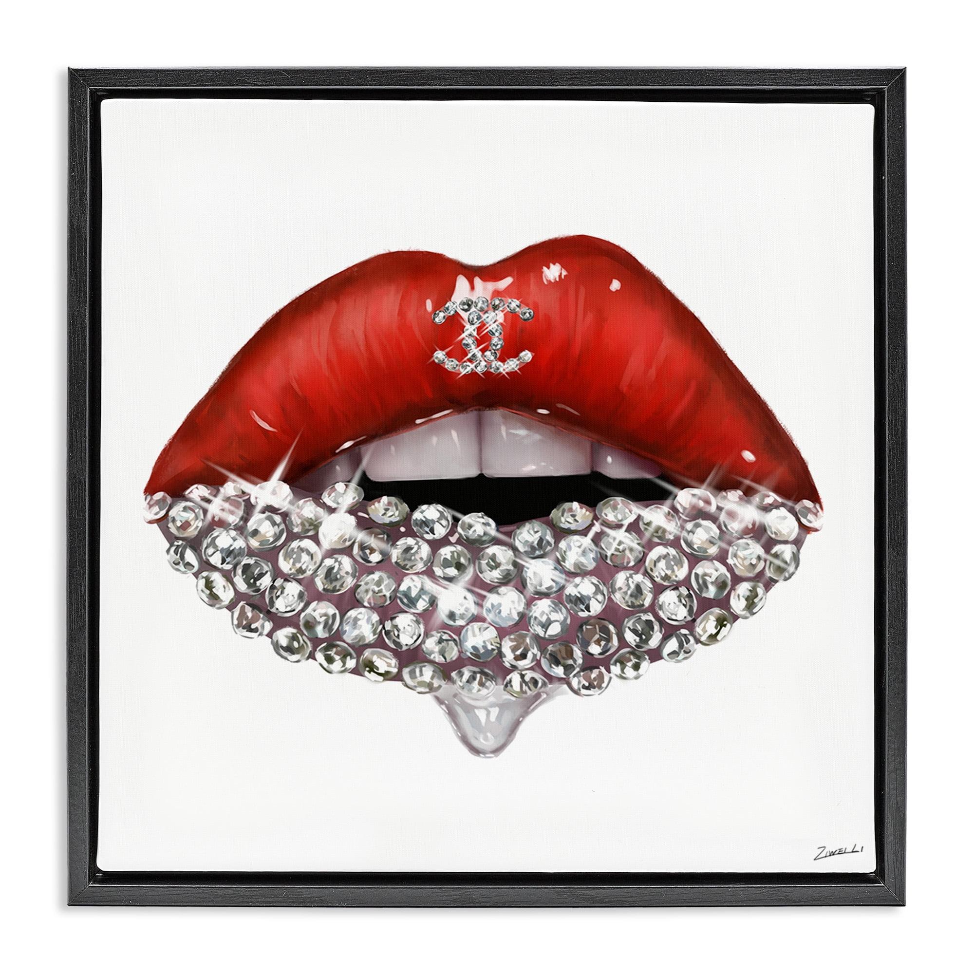 Stupell Industries Chic Red Lip Gemstones Beauty & Fashion Painting Black Floater Framed Canvas Art Print Wall Art, 18 x 18